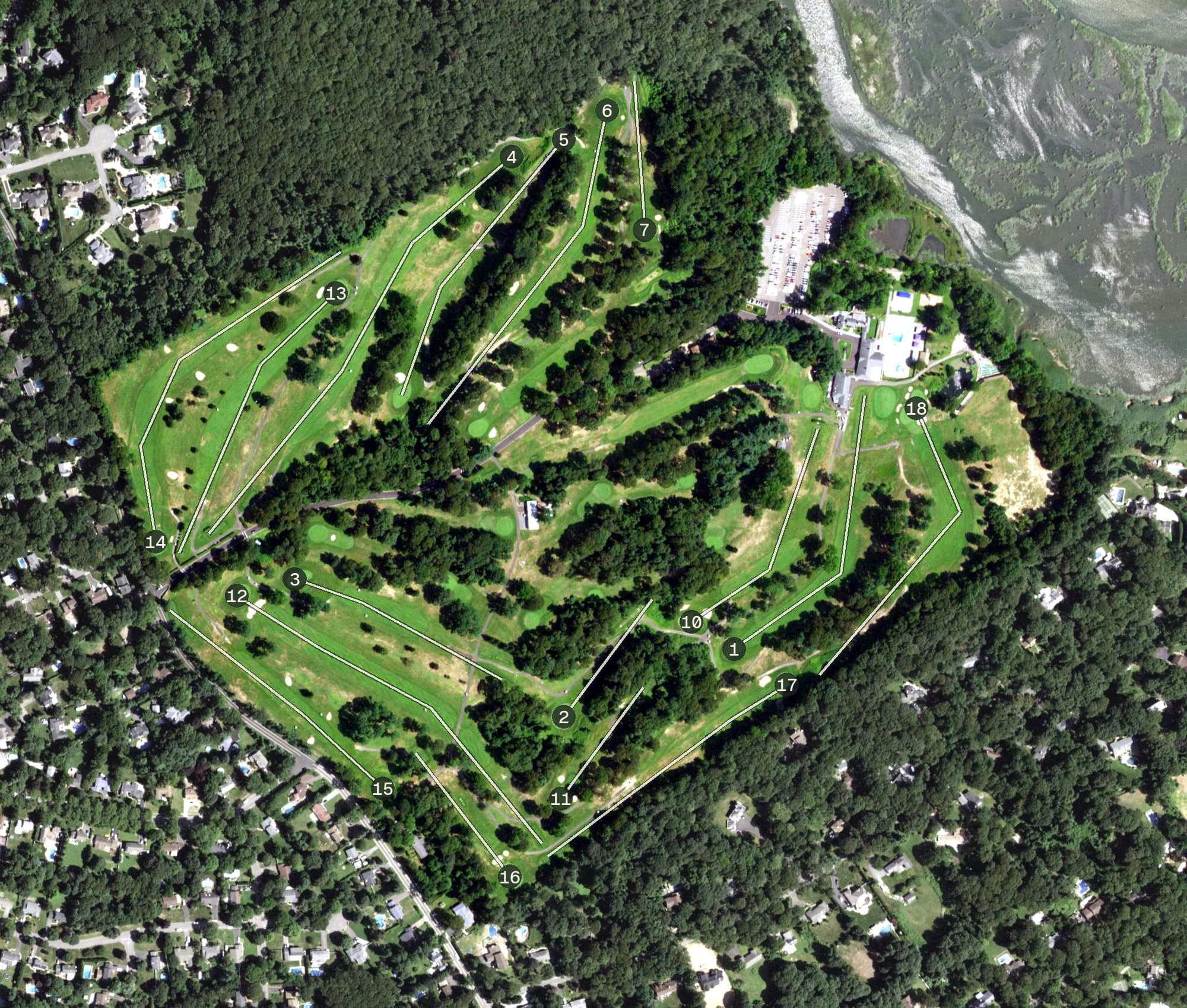 Aerial view of Smithtown Landing Golf Course, NY, with its hole routing marked