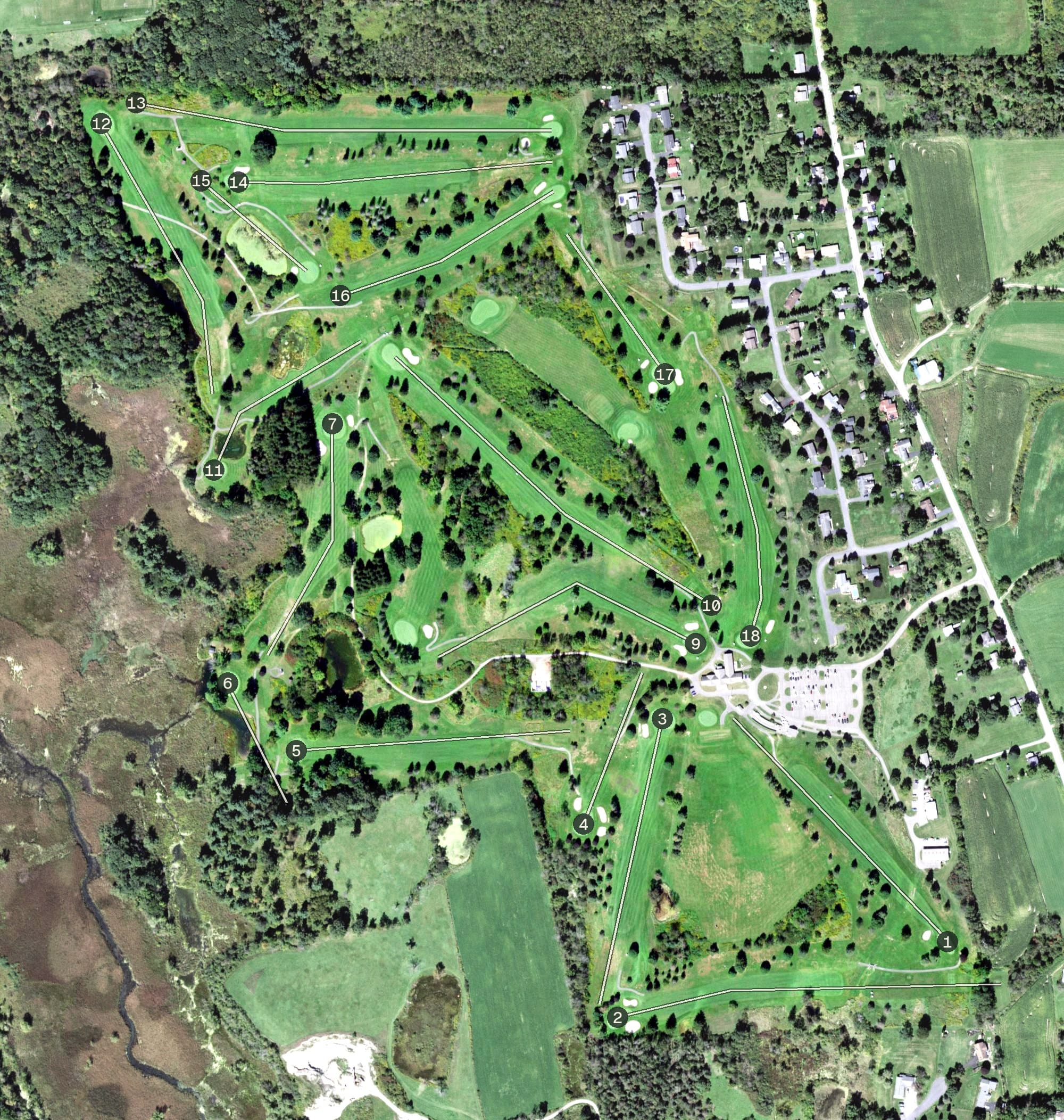Aerial view of Soaring Eagles Golf Course, NY, with its hole routing marked