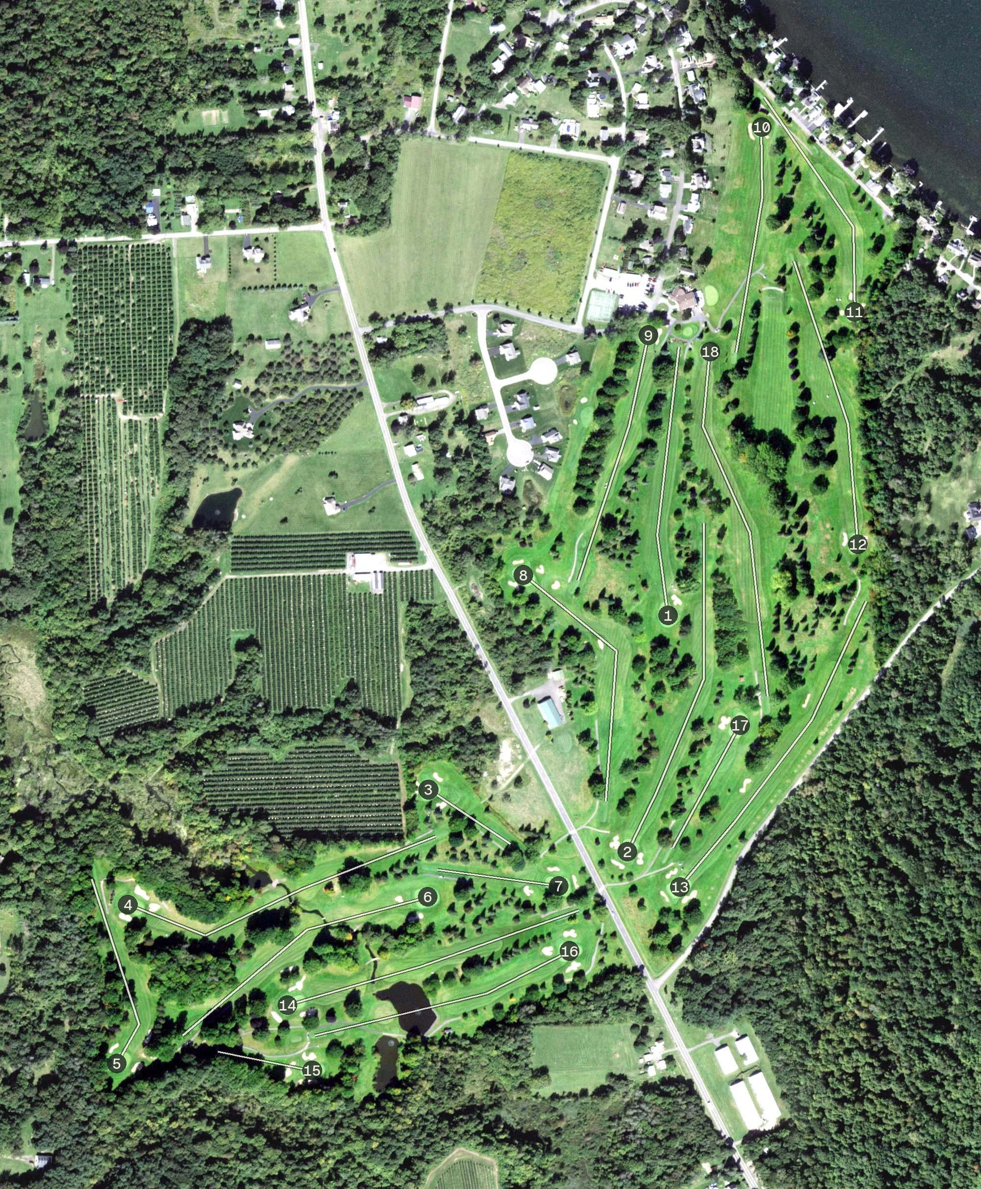 Aerial view of Sodus Bay Heights Golf Club, NY, with its hole routing marked