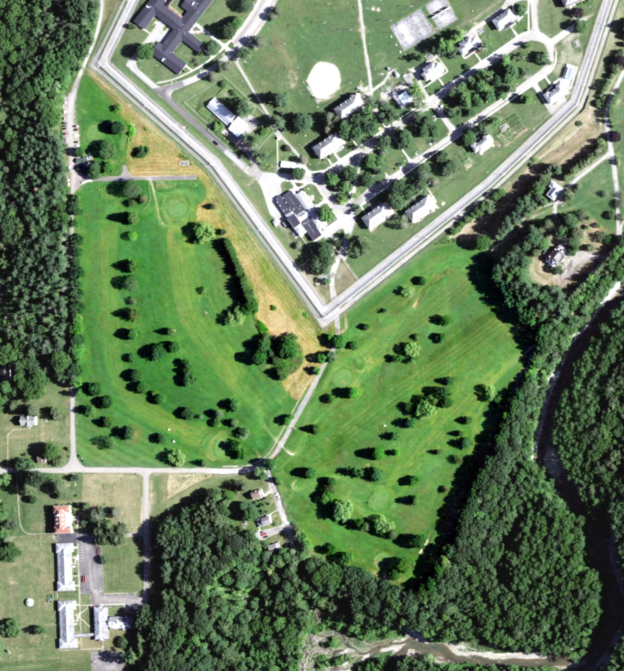 Aerial view of Sonyea Golf Course, NY, with its hole routing marked