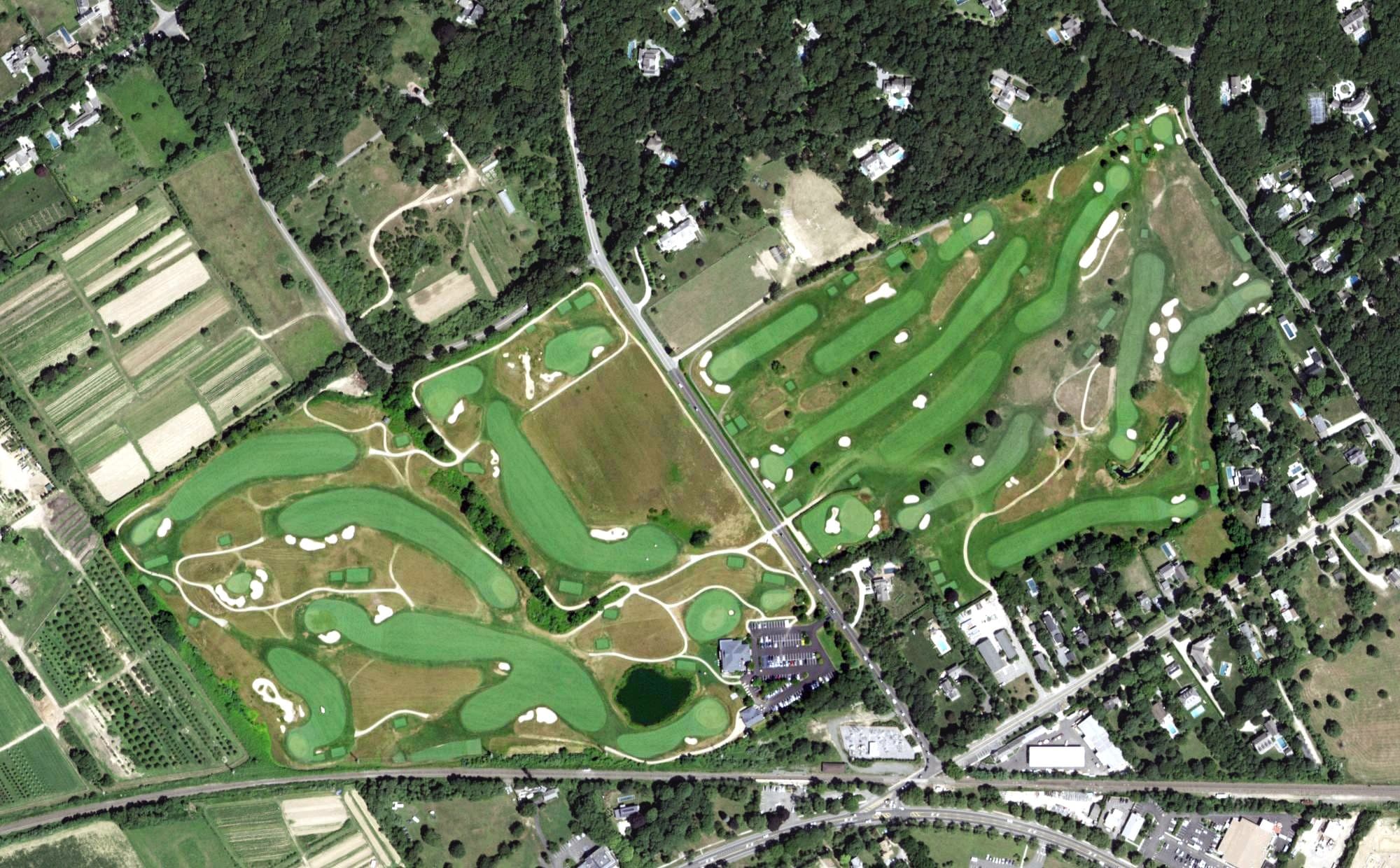 Aerial view of South Fork Country Club, NY, with its hole routing marked