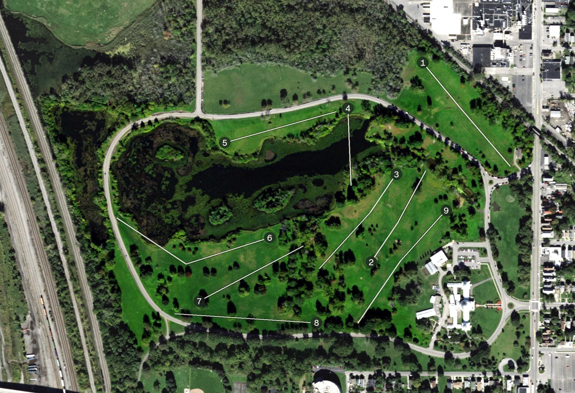 Aerial view of South Park 9 Hole Golf Course, NY, with its hole routing marked