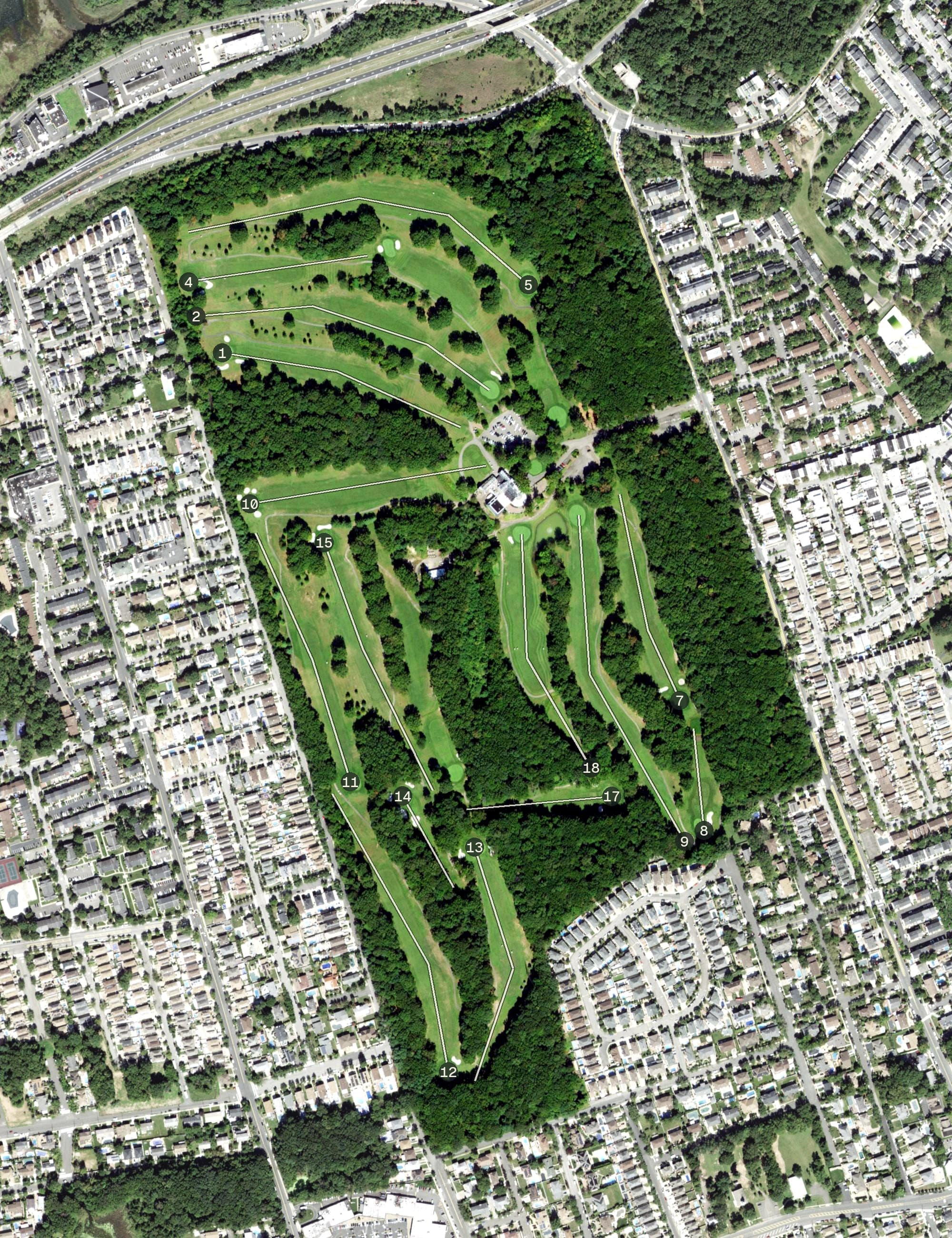 Aerial view of South Shore Golf Course, NY, with its hole routing marked