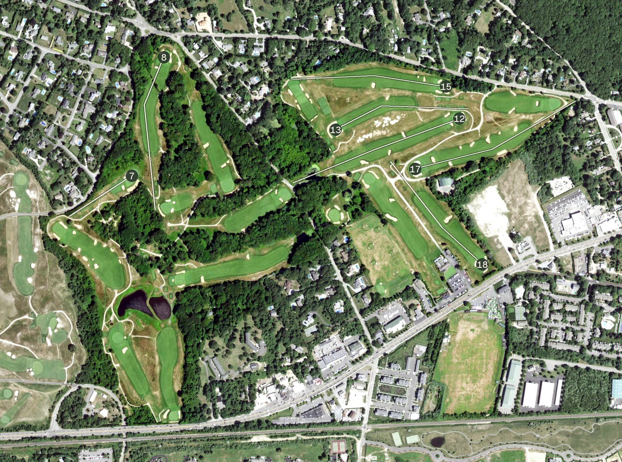 Aerial view of Southampton Golf Course, NY, with its hole routing marked