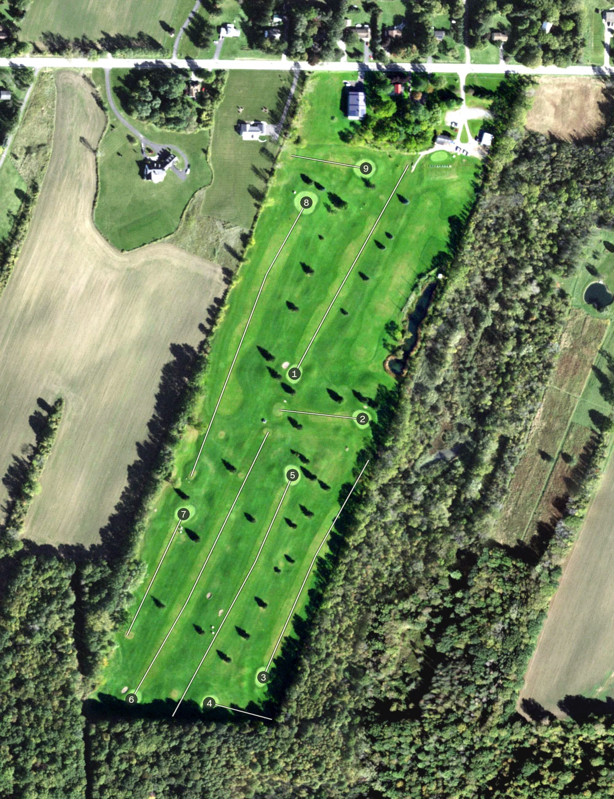 Aerial view of Southern Meadows Golf Club, NY, with its hole routing marked