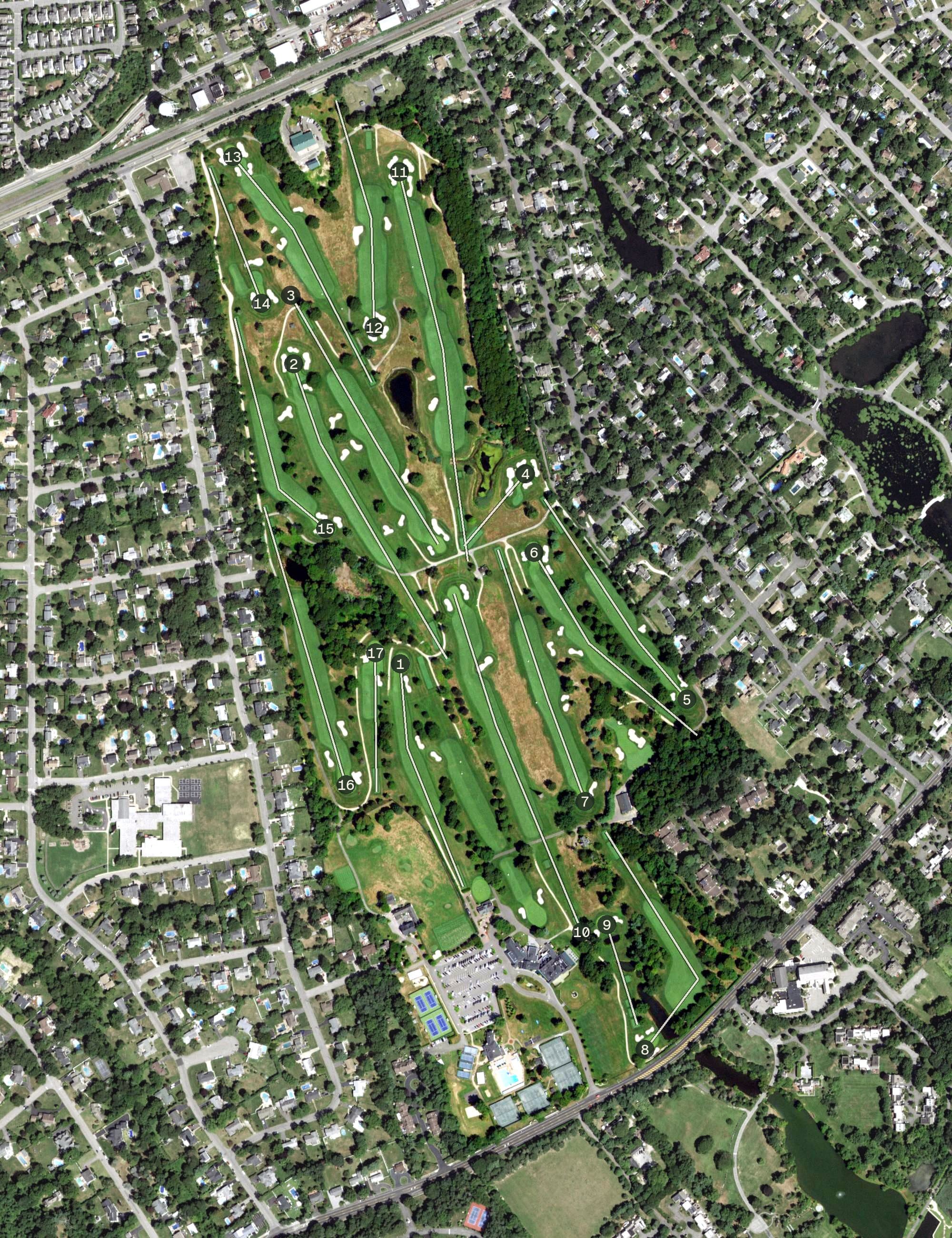 Aerial view of Southward Ho Country Club, NY, with its hole routing marked
