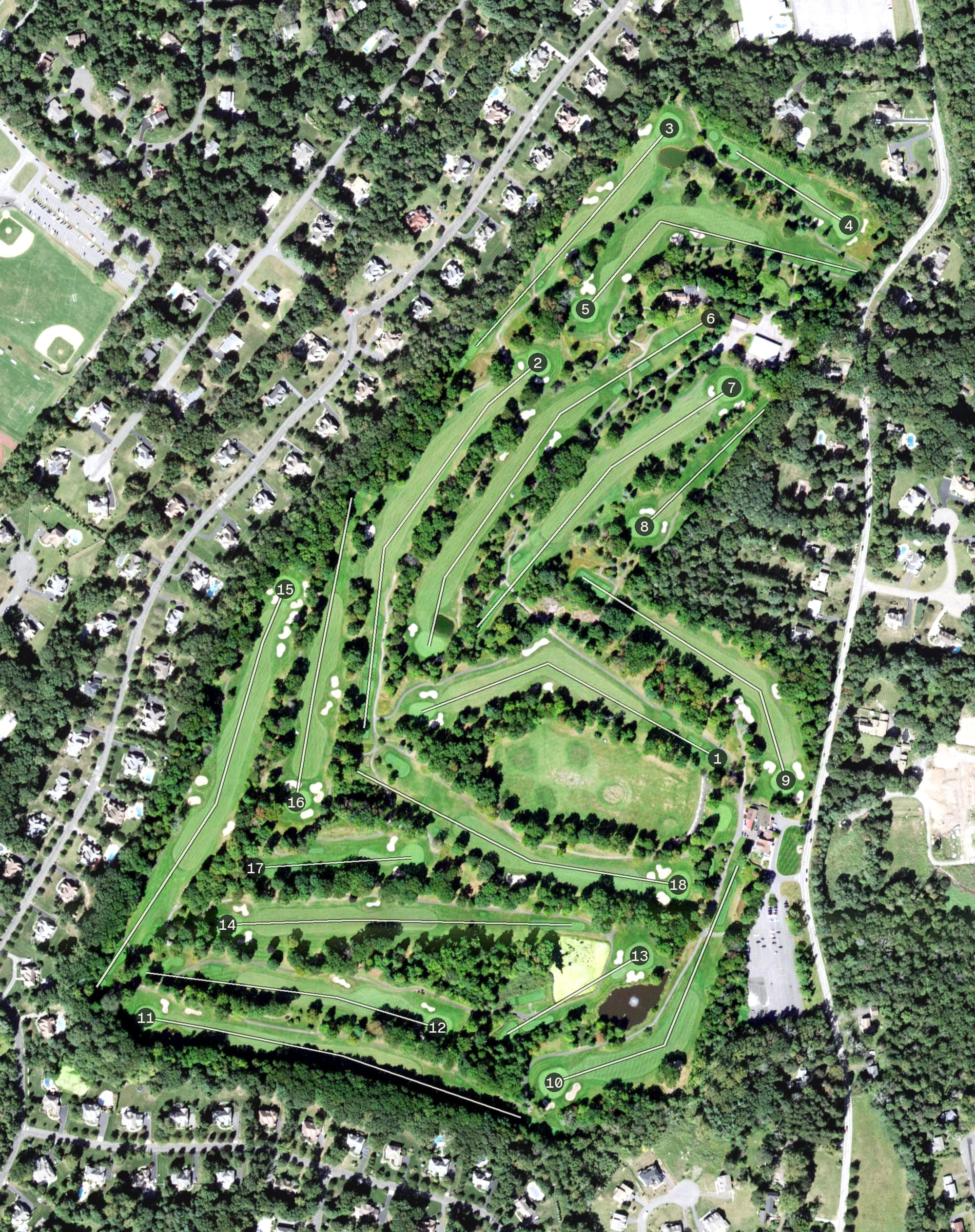 Aerial view of Spook Rock Municipal Golf Course, NY, with its hole routing marked