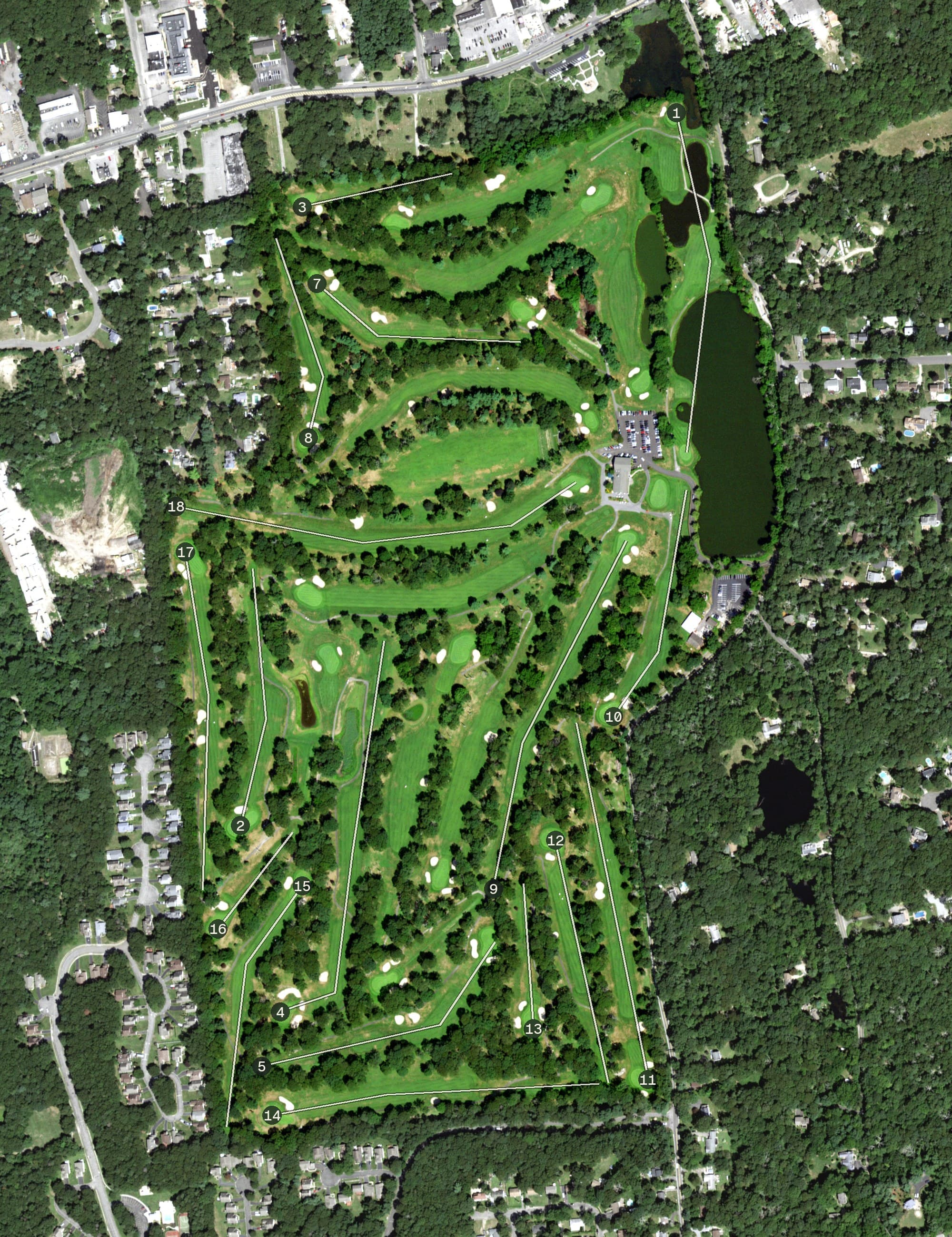 Aerial view of Spring Lake Golf Club, NY, with its hole routing marked