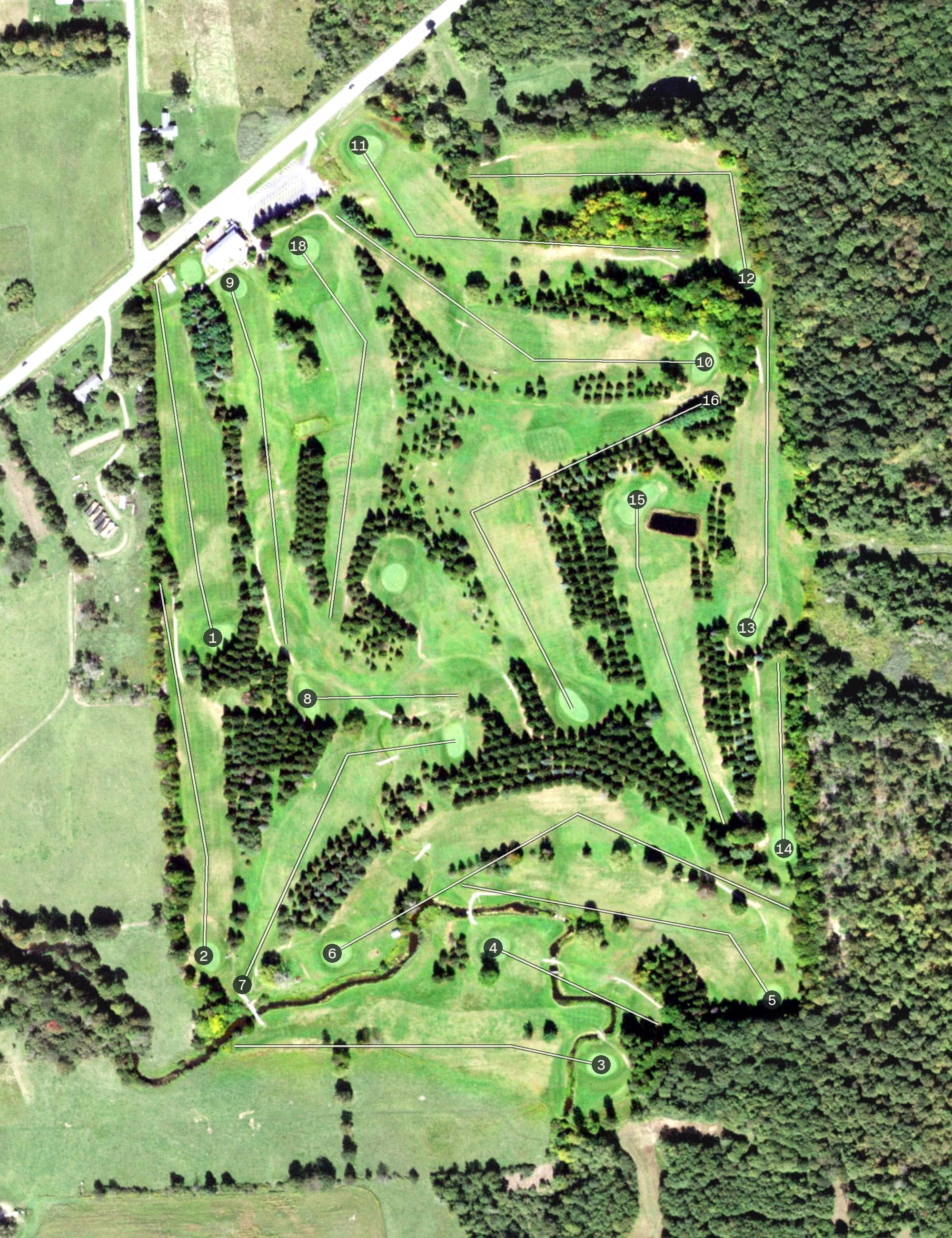 Aerial view of Stone Creek Golf Club, NY, with its hole routing marked