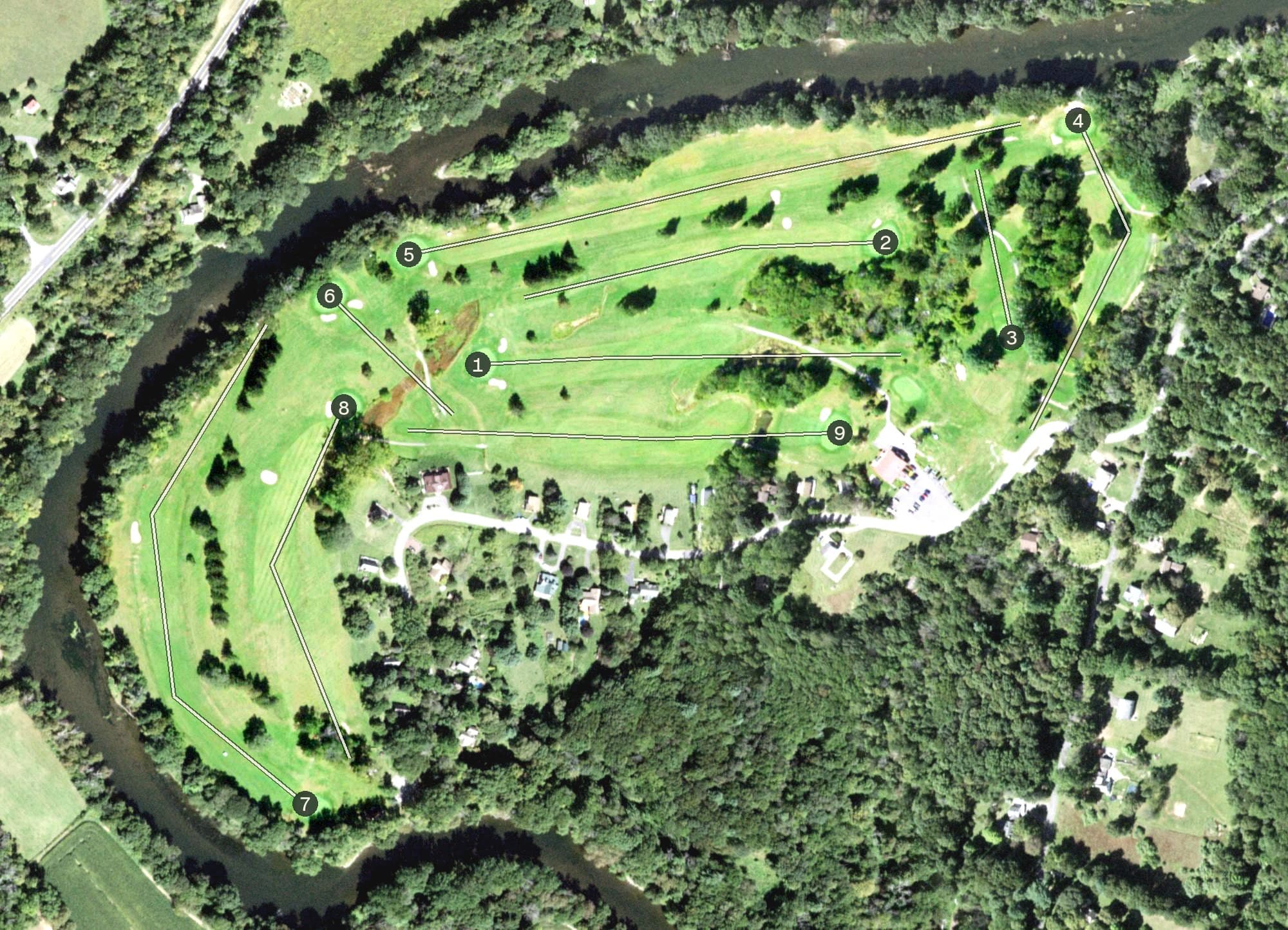 Aerial view of Stone Dock Golf Course, NY, with its hole routing marked