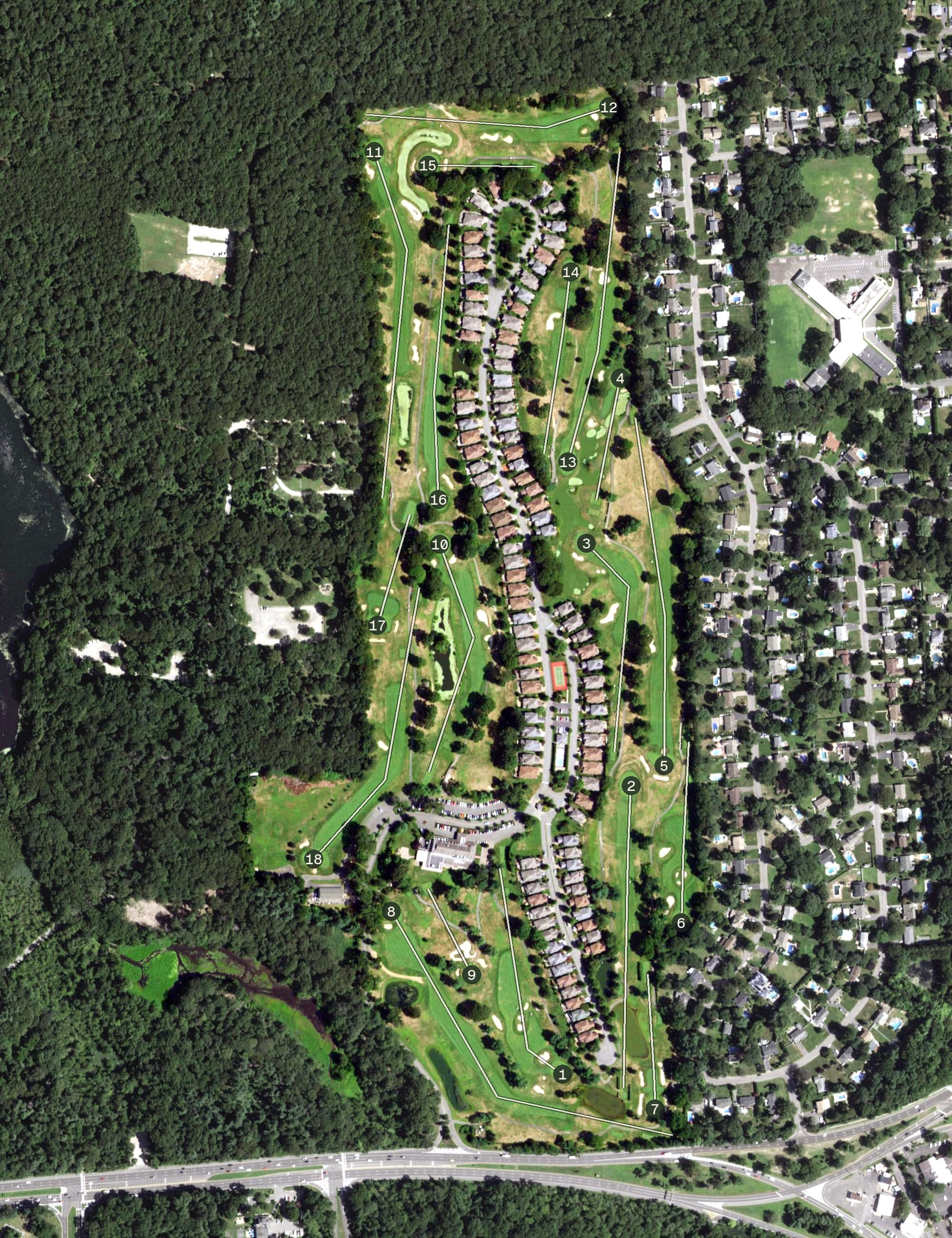 Aerial view of Stonebridge Golf Links, NY, with its hole routing marked