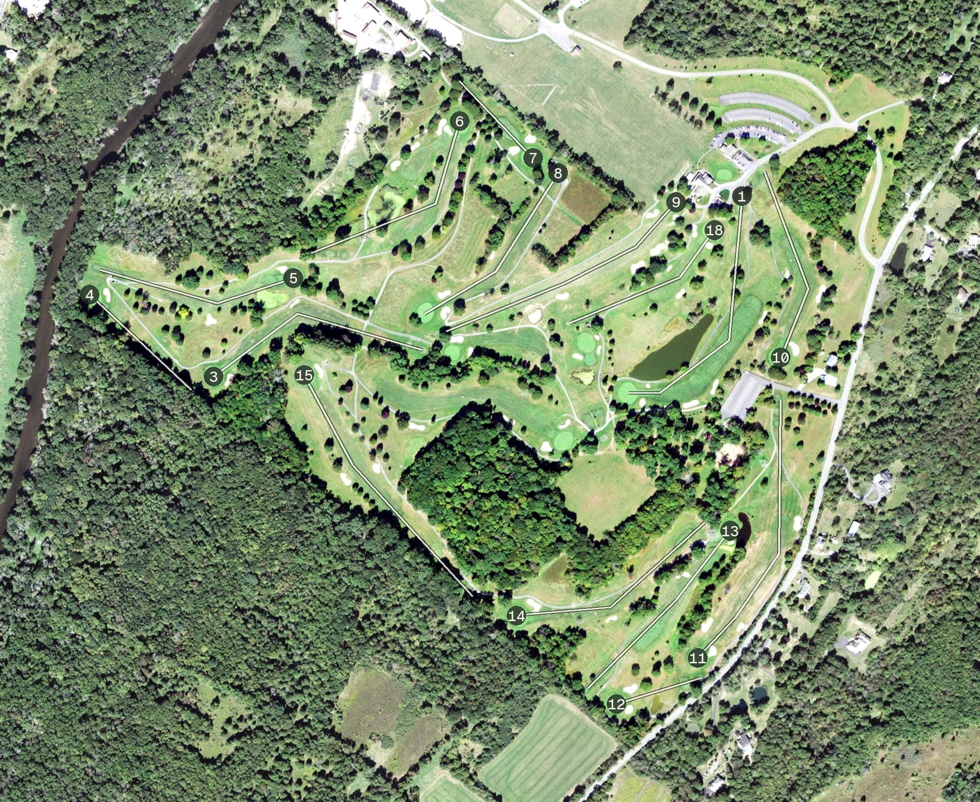 Aerial view of Stony Ford Golf Course, NY, with its hole routing marked