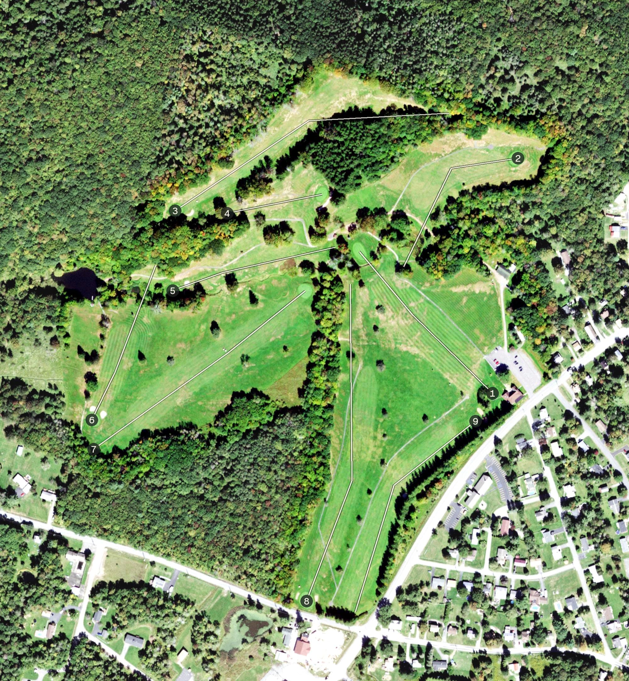 Aerial view of Sullivan Golf Course, NY, with its hole routing marked