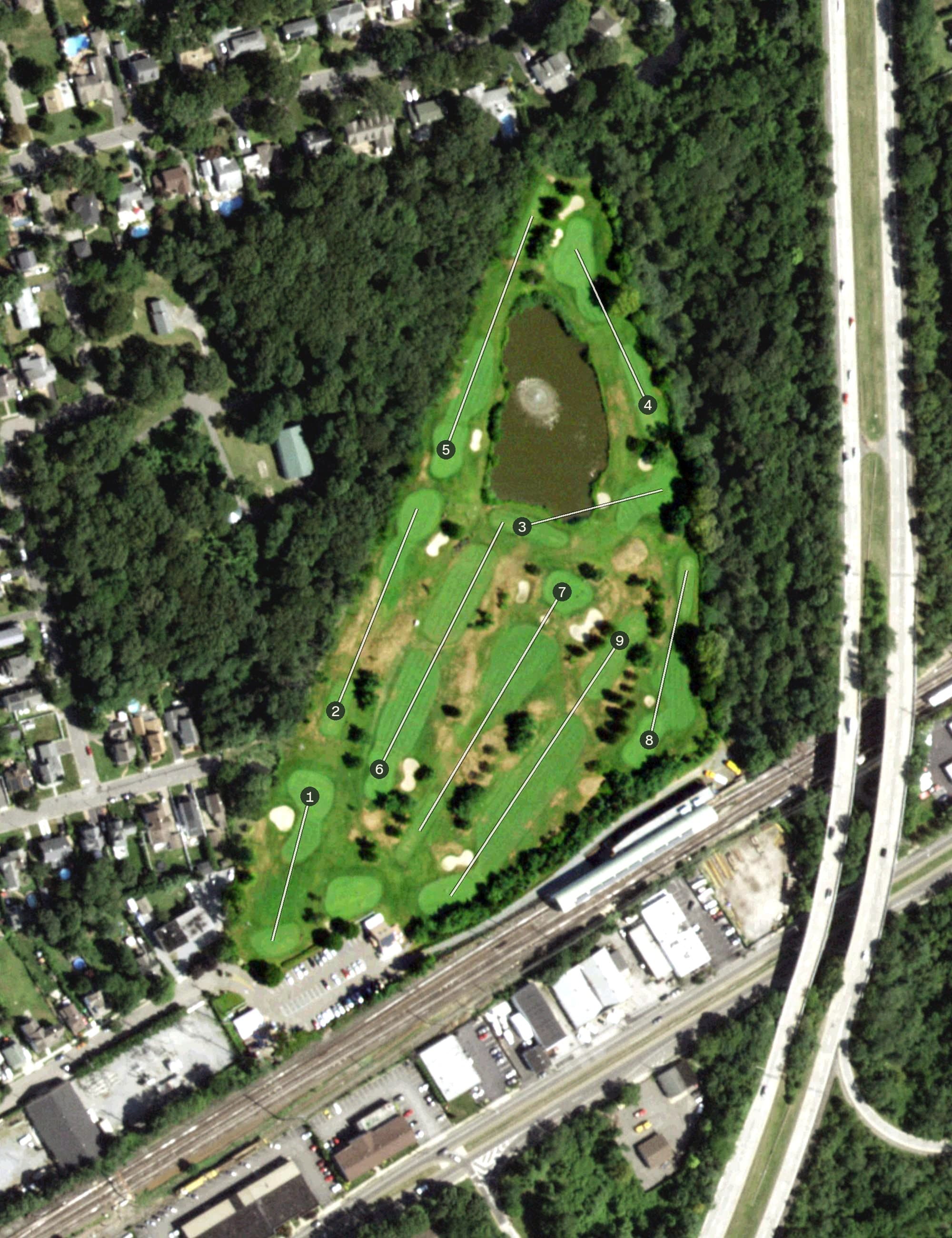 Aerial view of Sumpwams Creek Golf Course, NY, with its hole routing marked