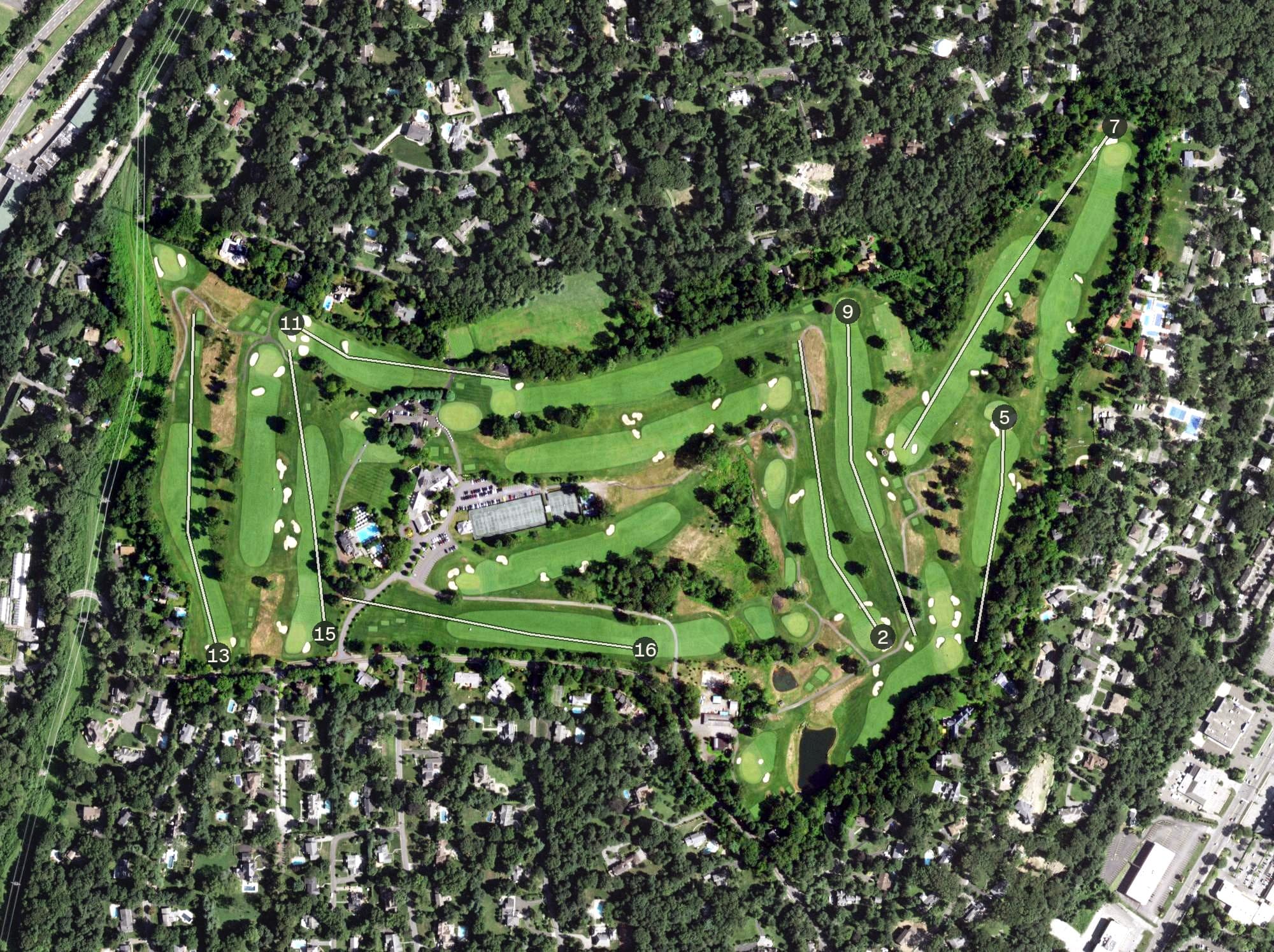 Aerial view of Sunningdale Country Club, NY, with its hole routing marked