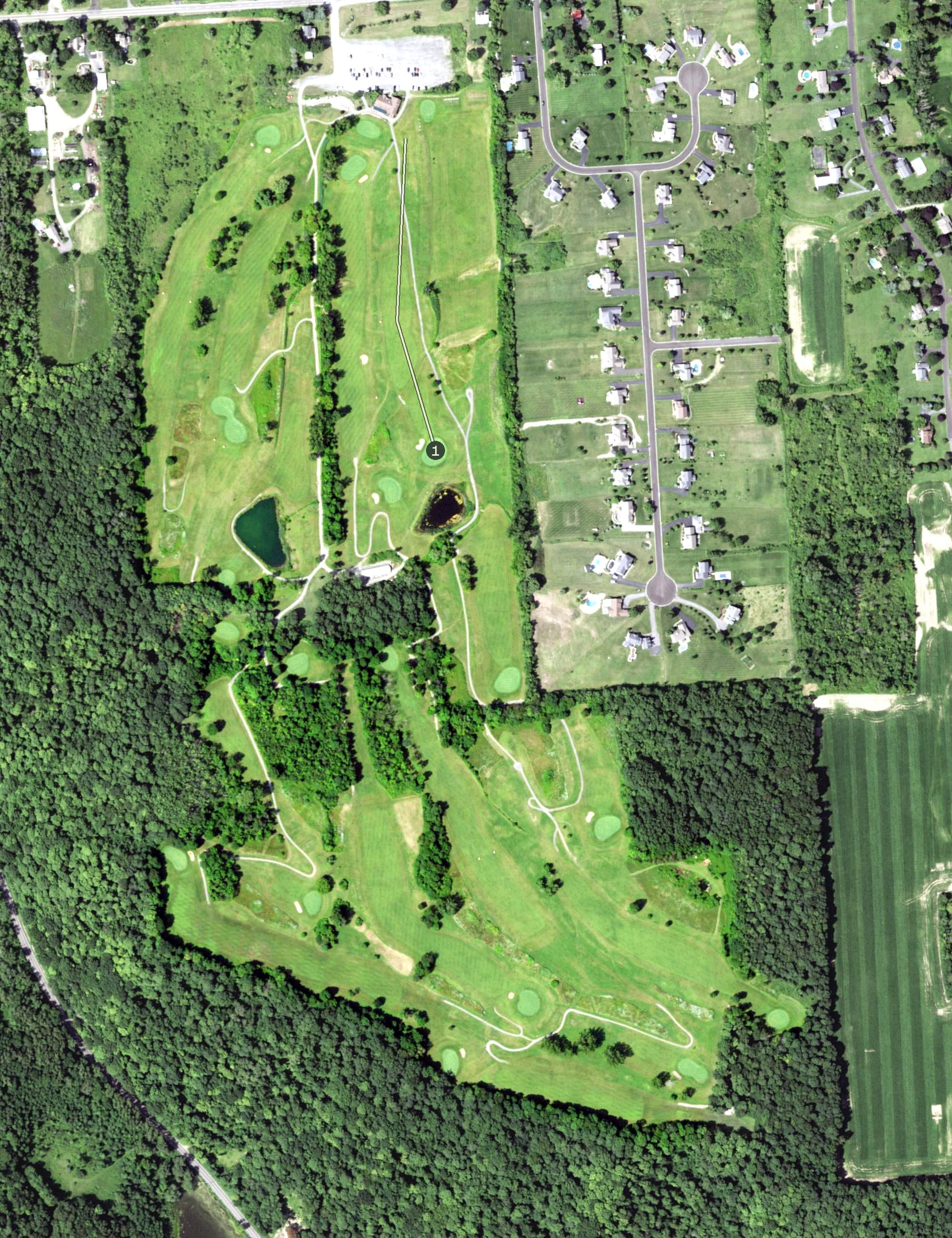 Aerial view of Sunset Ridge Golf Club, NY, with its hole routing marked