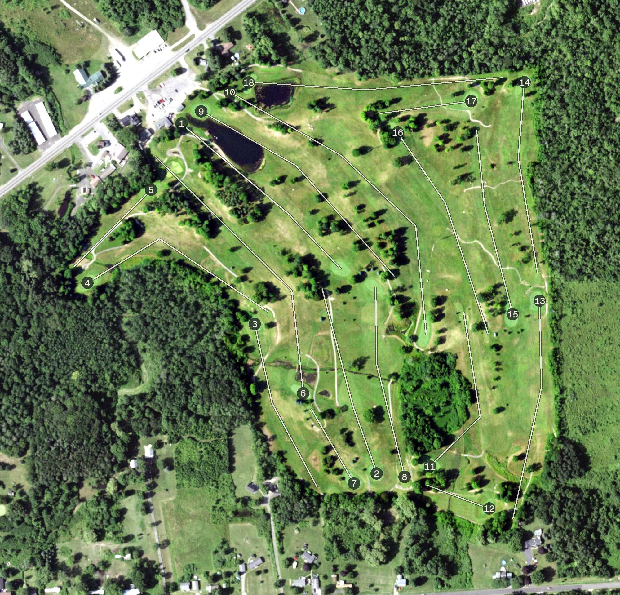 Aerial view of Tamarack Golf Club, NY, with its hole routing marked
