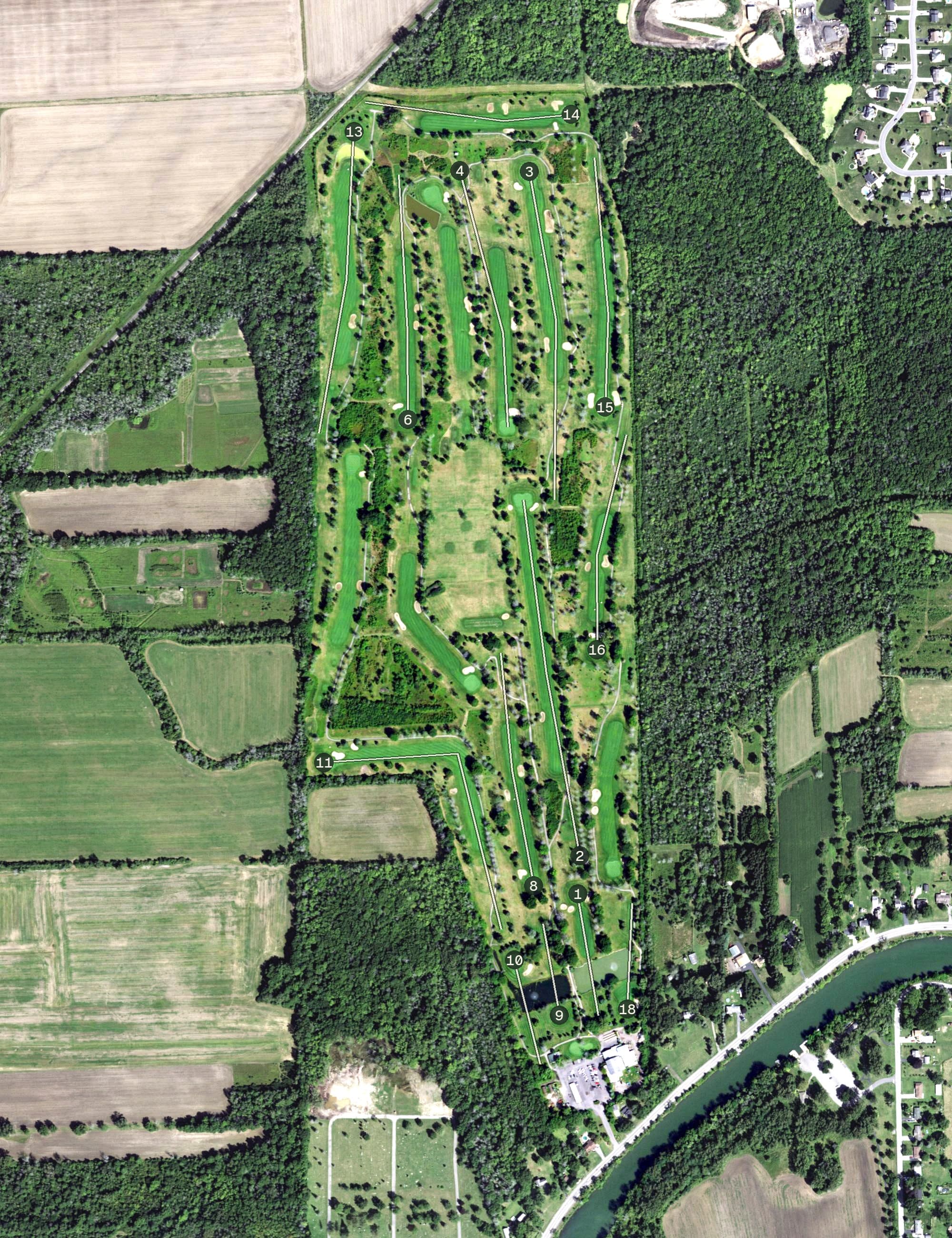 Aerial view of Tan Tara Golf Club, NY, with its hole routing marked
