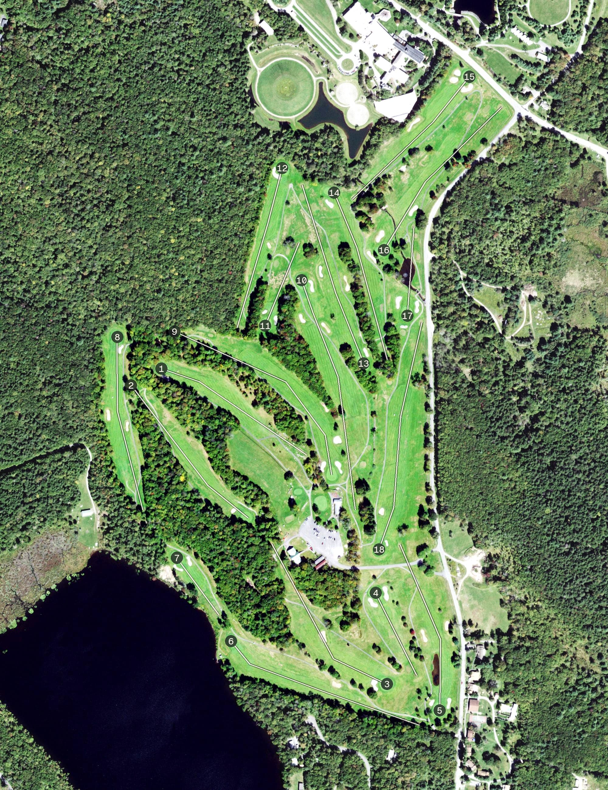Aerial view of Tarry Brae Golf Course, NY, with its hole routing marked