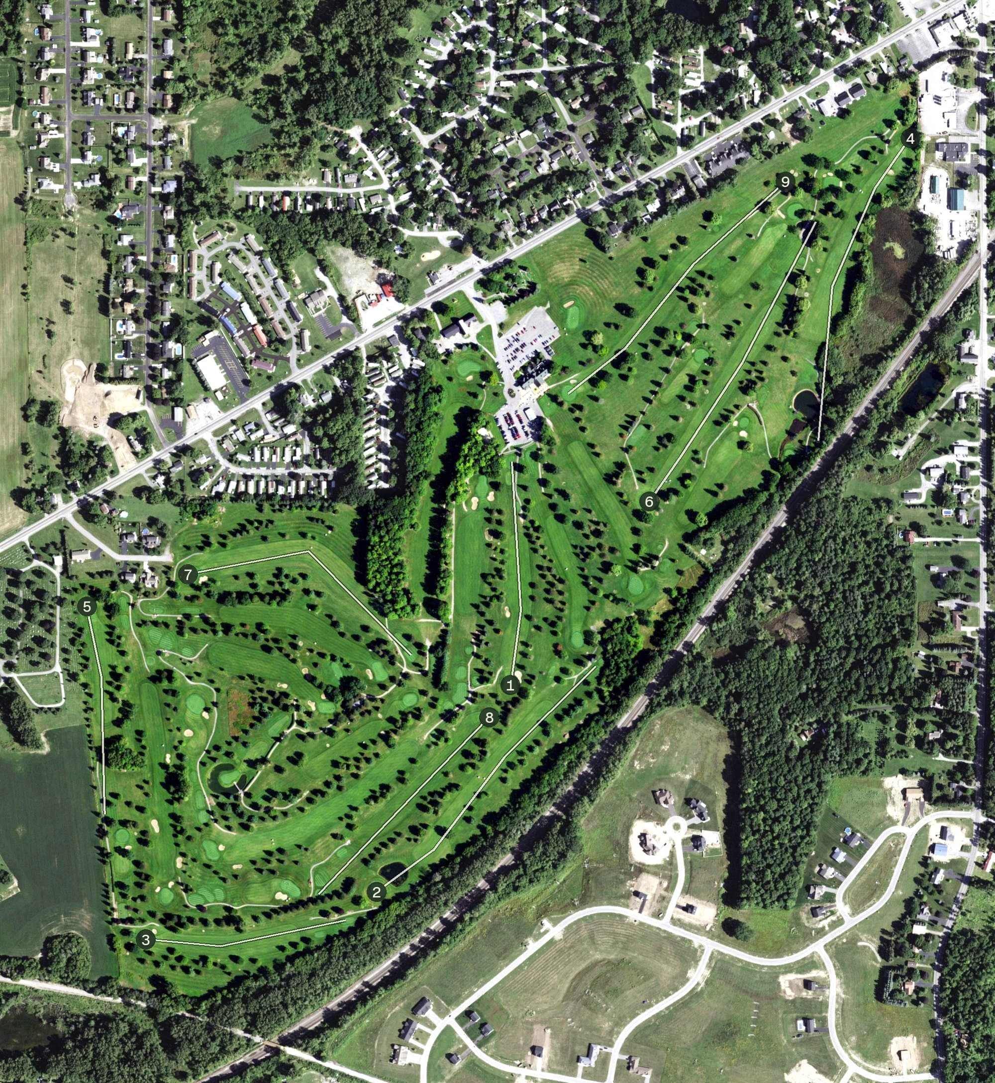 Aerial view of Terry Hills Golf Course, NY, with its hole routing marked
