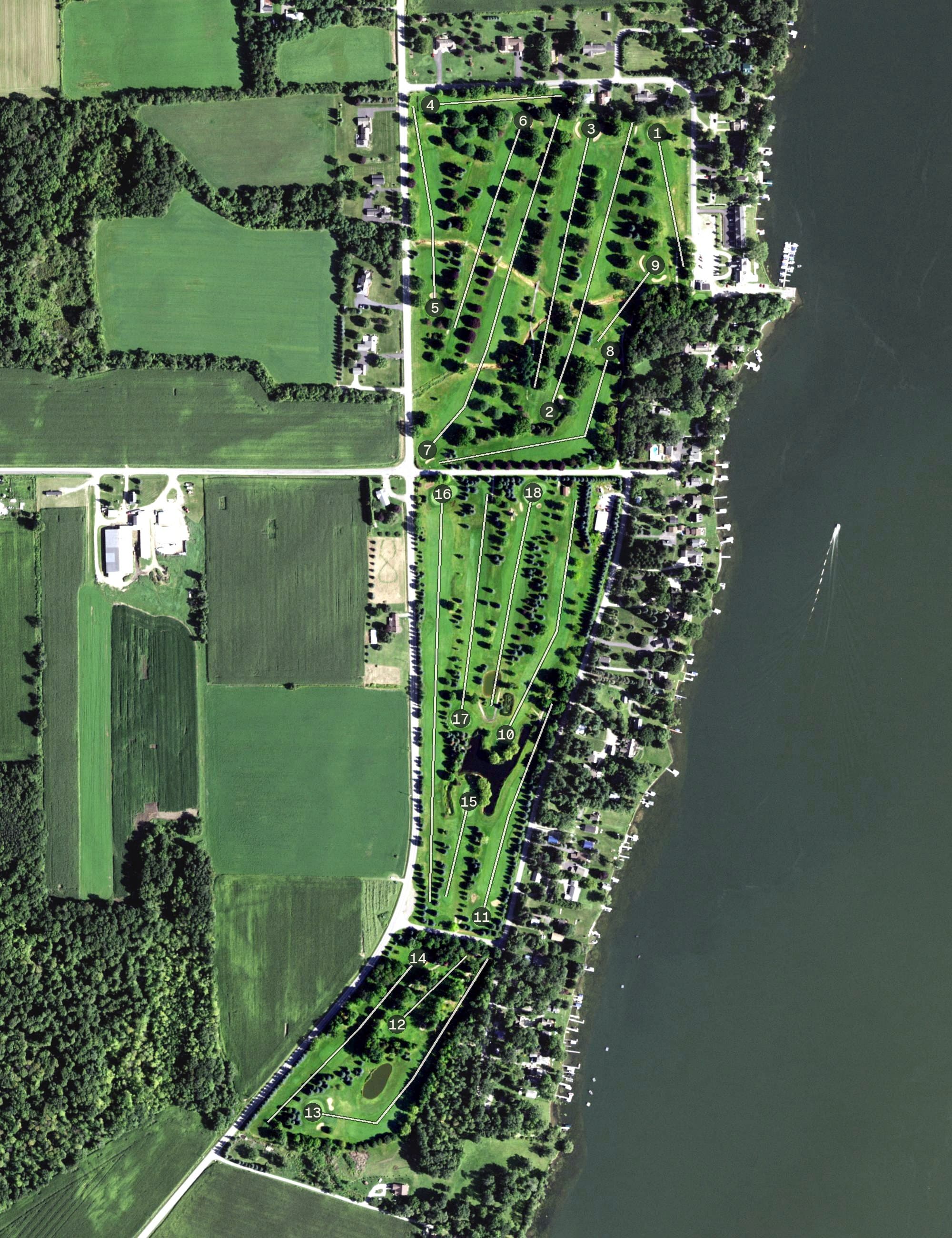 Aerial view of The Club at Silver Lake, NY, with its hole routing marked