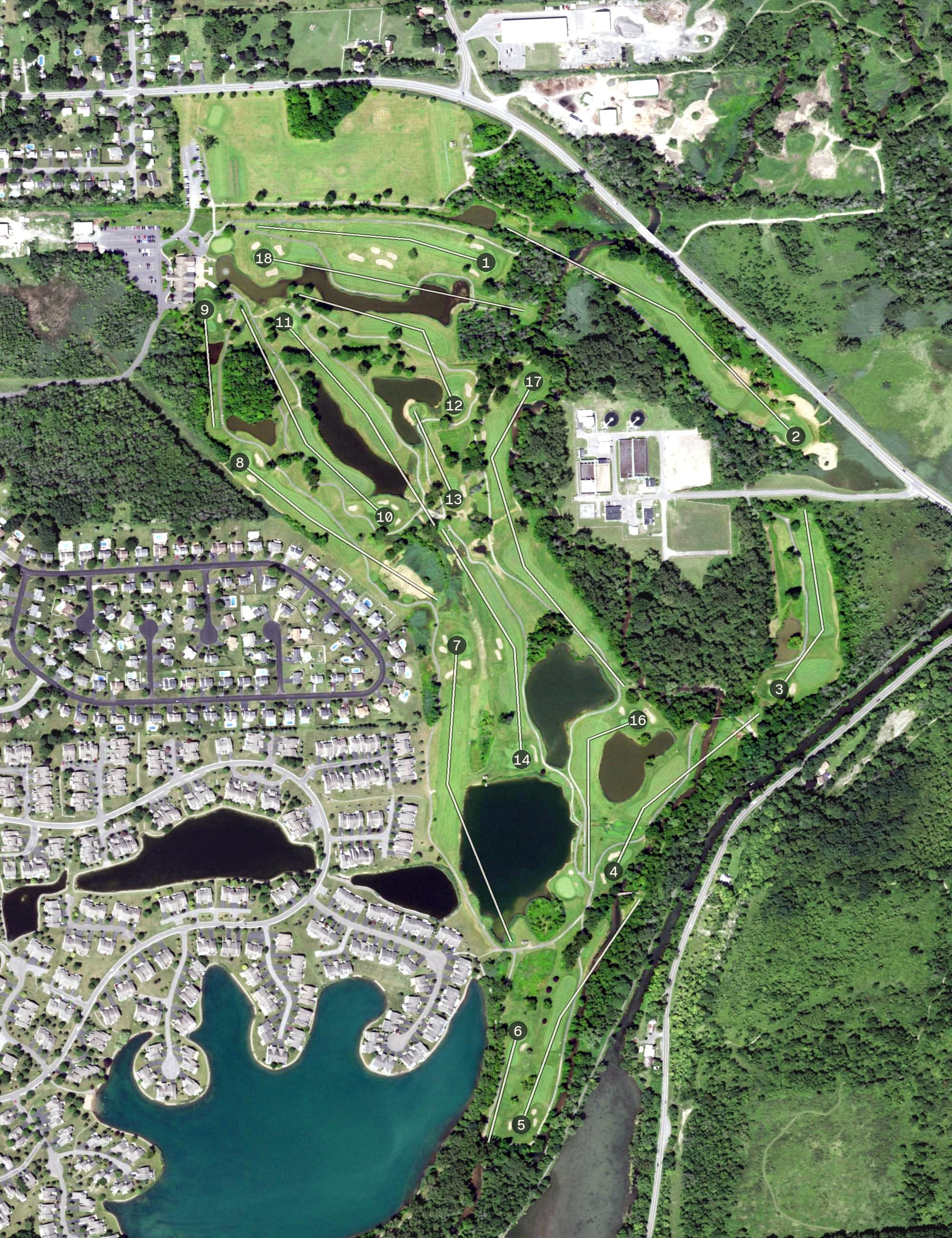 Aerial view of The Links at Erie Village, NY, with its hole routing marked