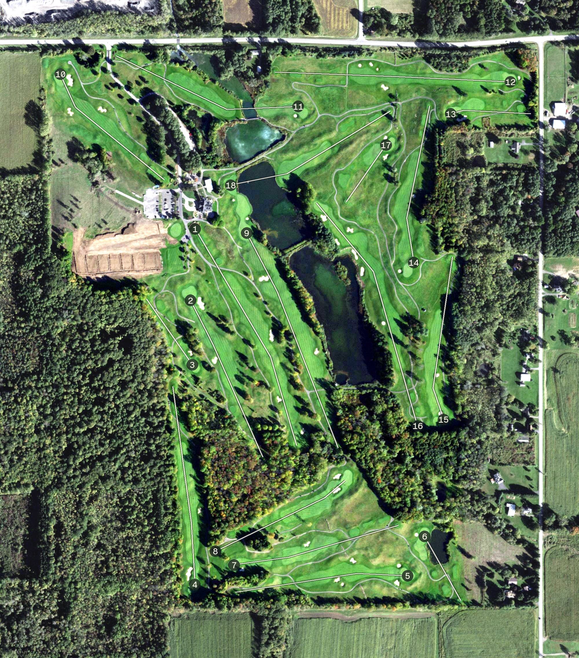 Aerial view of The Links at Greystone, NY, with its hole routing marked