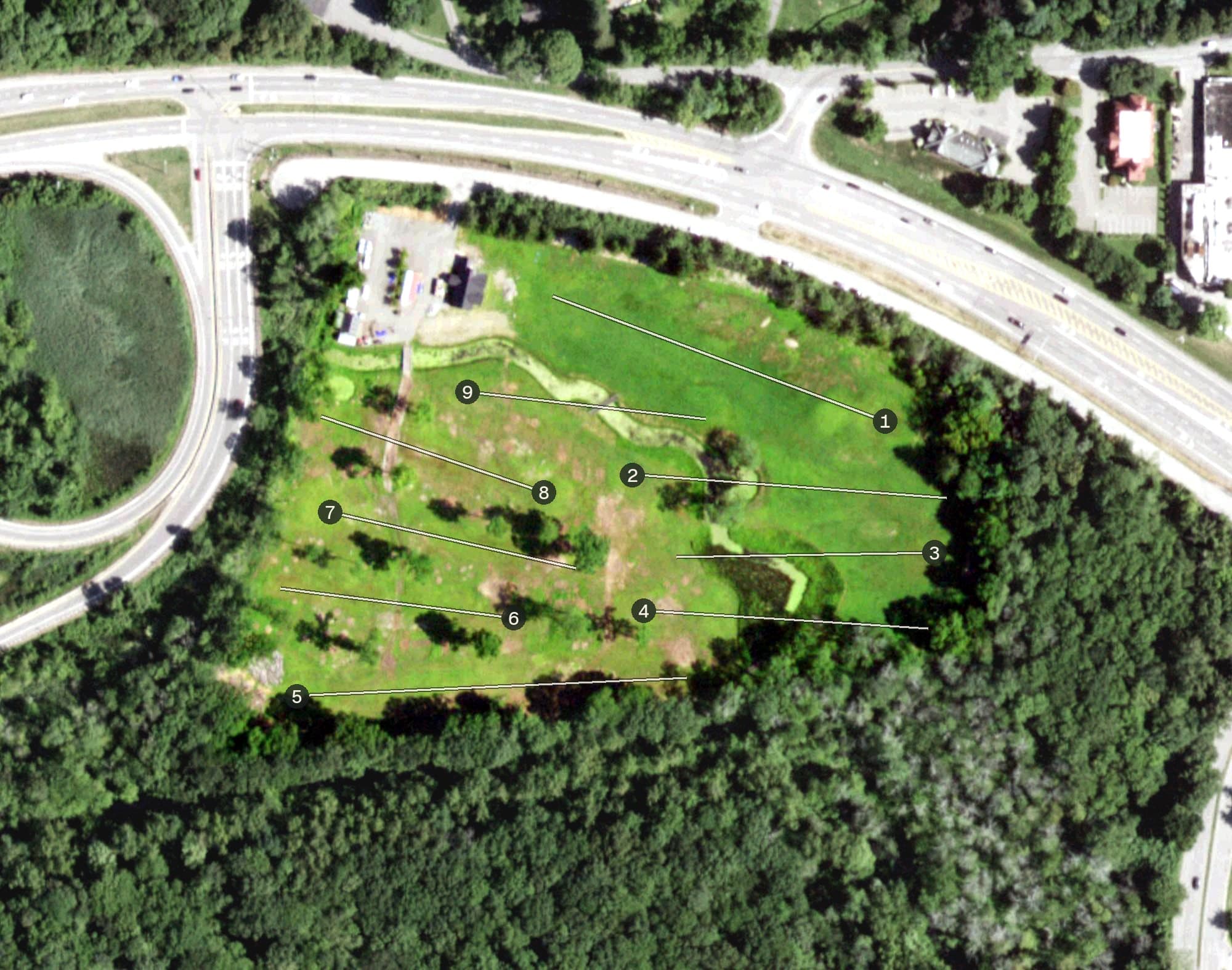 Aerial view of The Links at Valley Fields, NY, with its hole routing marked