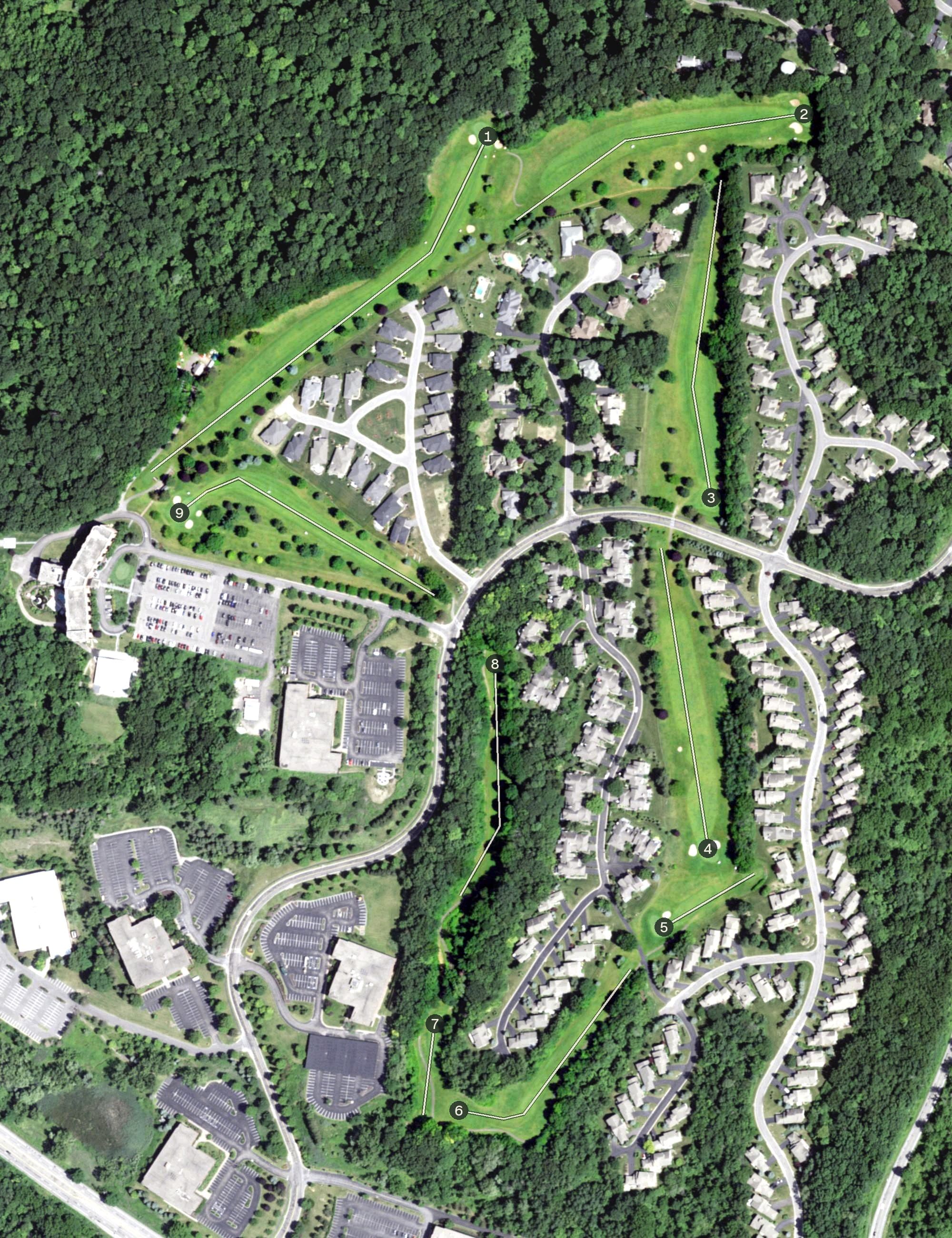 Aerial view of The Links at Woodcliff, NY, with its hole routing marked