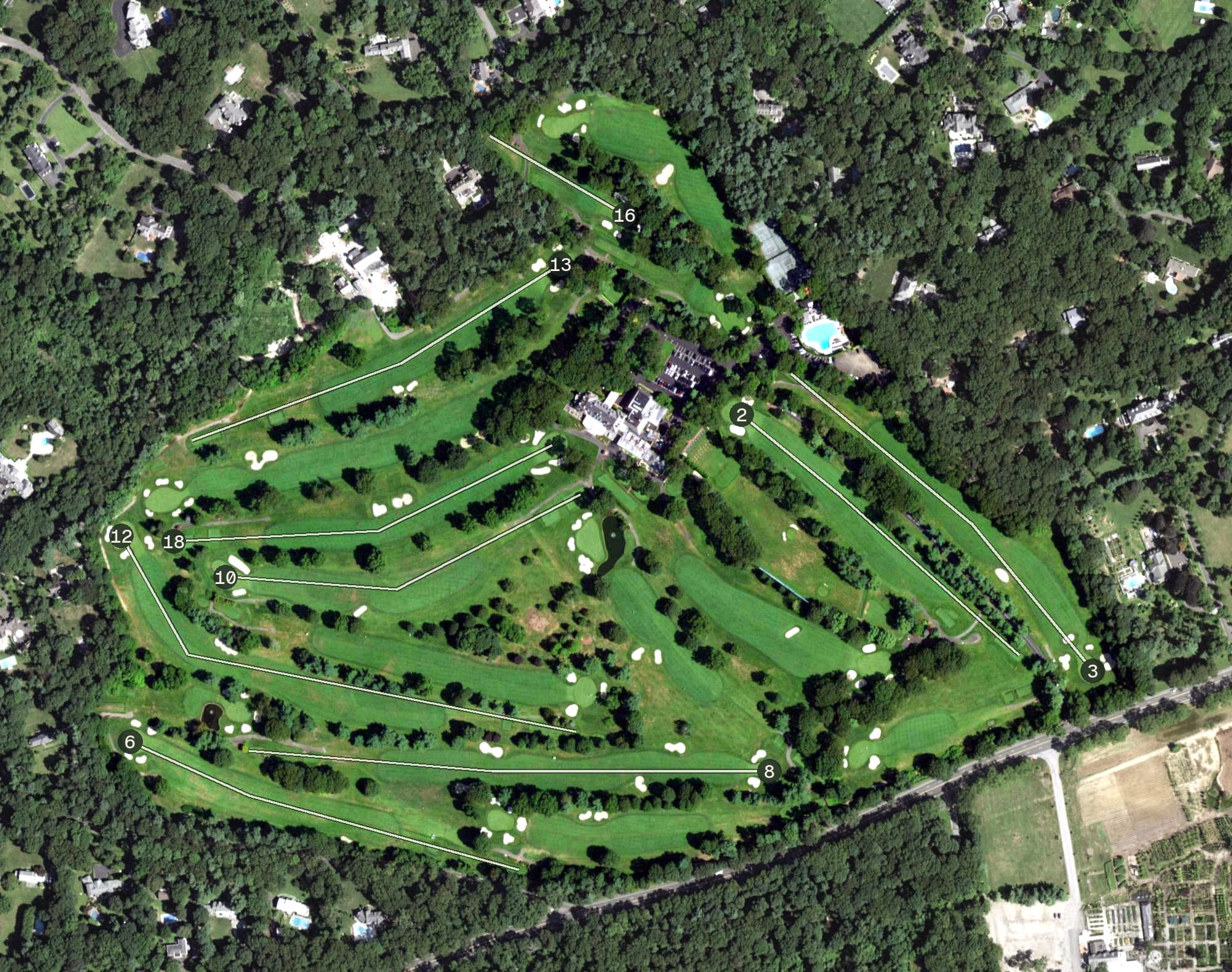 Aerial view of The Muttontown Club, NY, with its hole routing marked