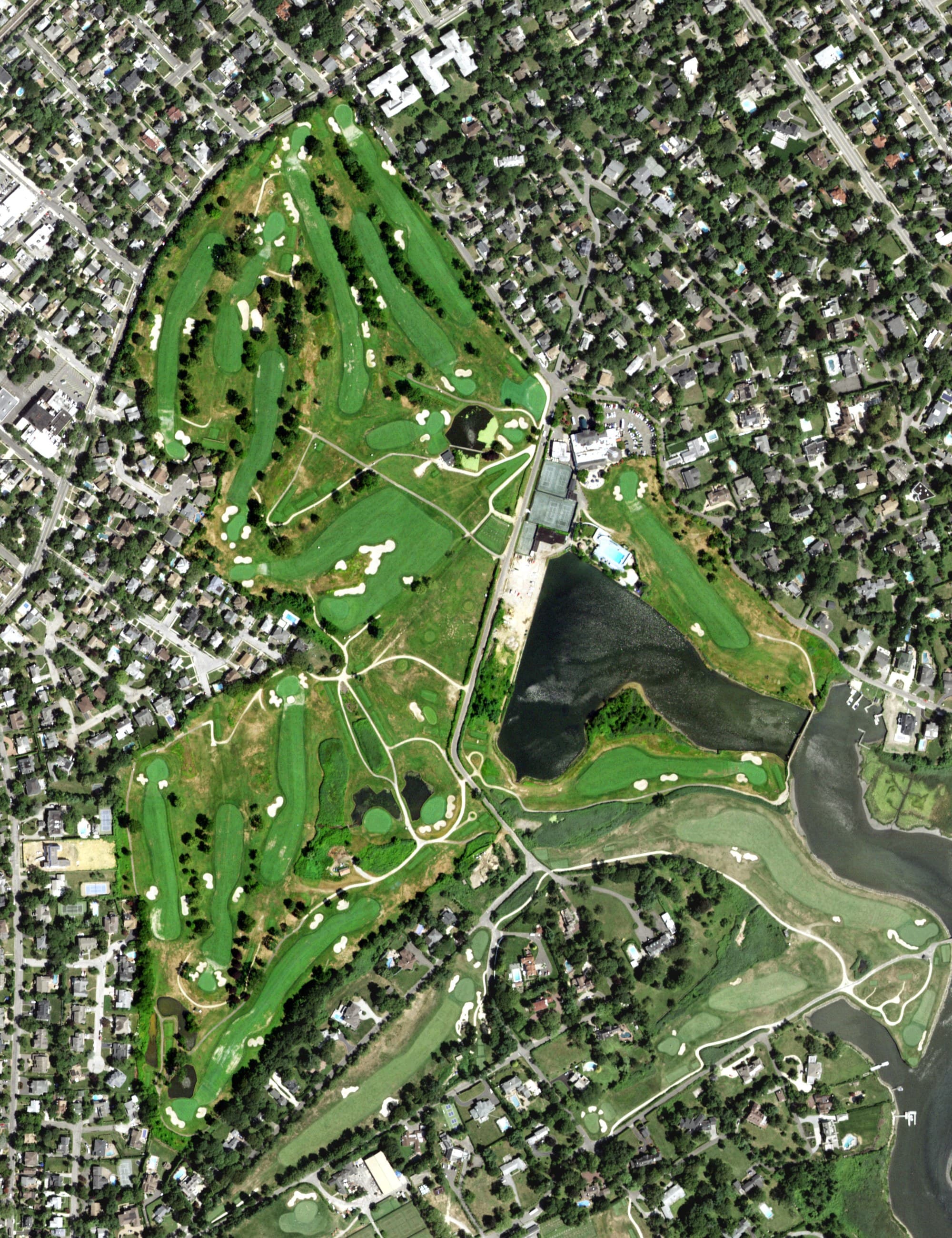 Aerial view of The Woodmere Club, NY, with its hole routing marked