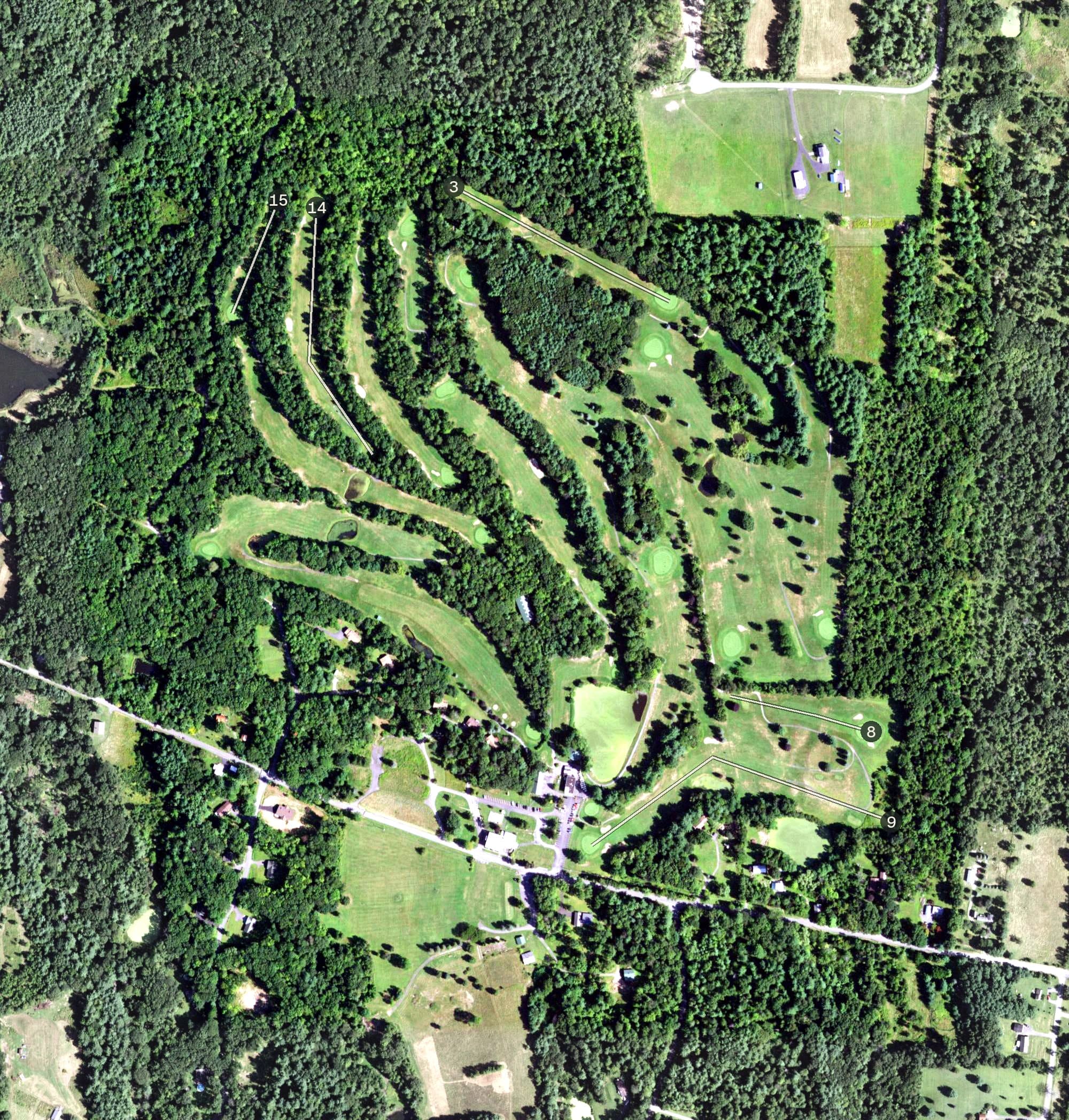 Aerial view of Thunderhart, NY, with its hole routing marked