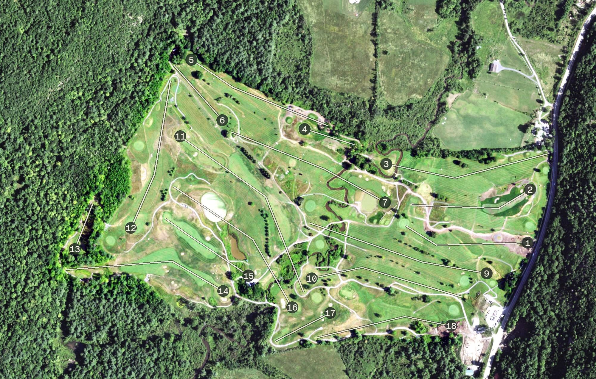 Aerial view of Ticonderoga Golf Course, NY, with its hole routing marked