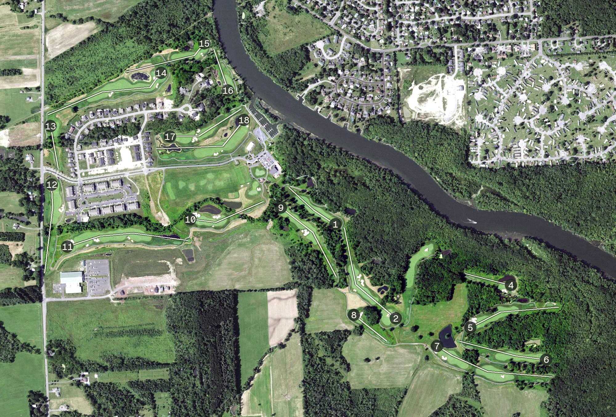 Aerial view of Timber Banks Country Club, NY, with its hole routing marked