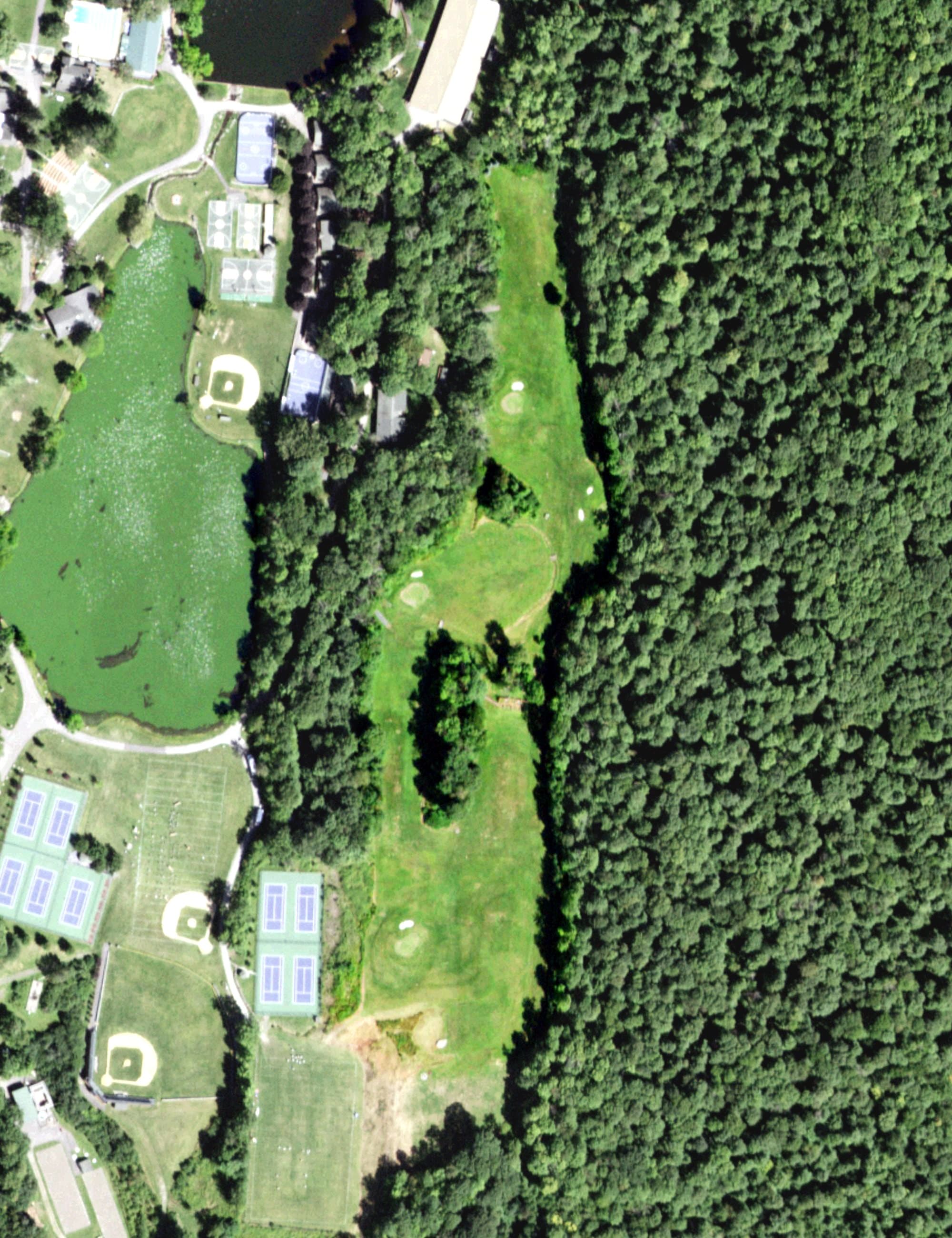 Aerial view of Timber Lake Golf Course, NY, with its hole routing marked