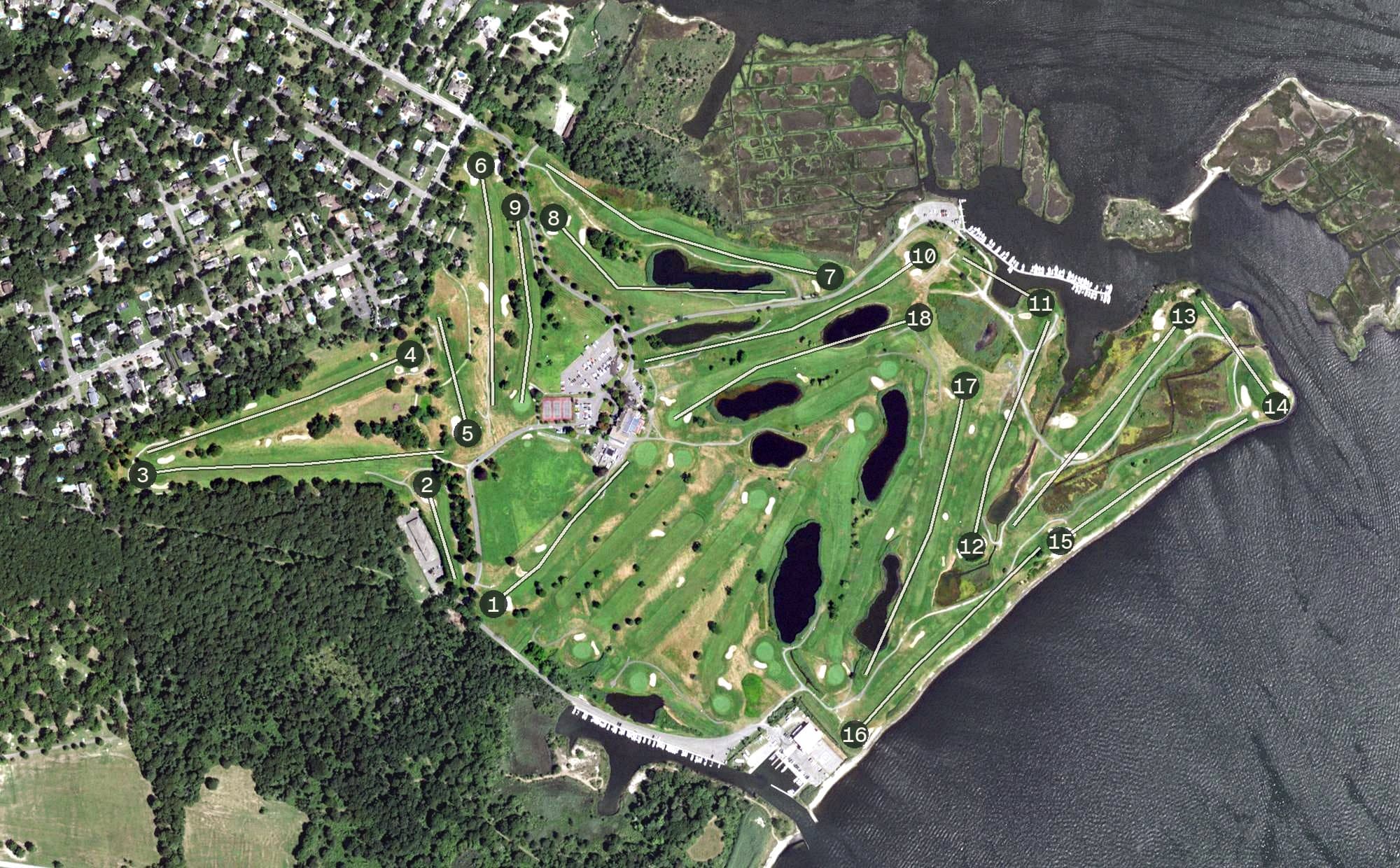 Aerial view of Timber Point Golf Course, NY, with its hole routing marked