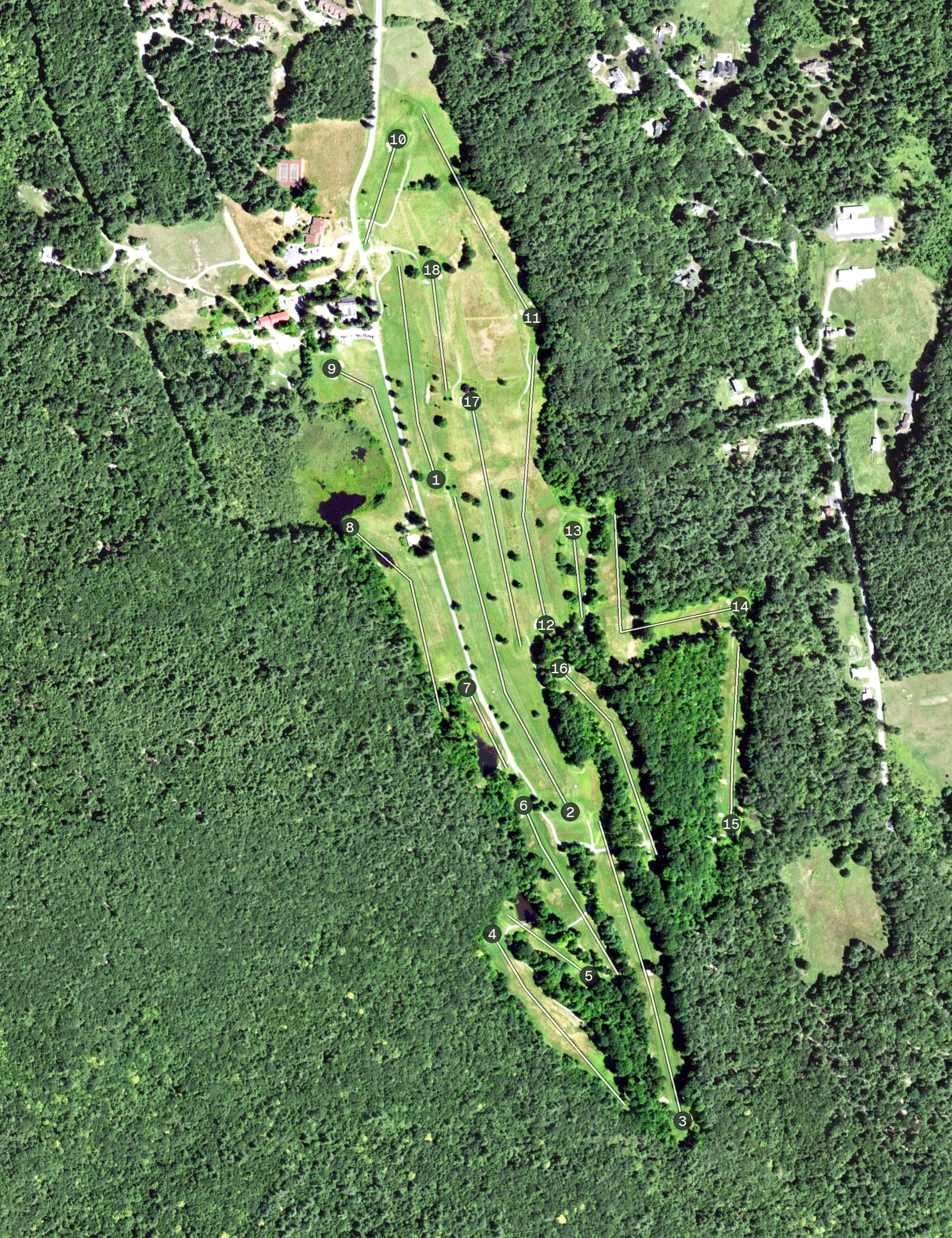 Aerial view of Top of the World Golf Resort, NY, with its hole routing marked