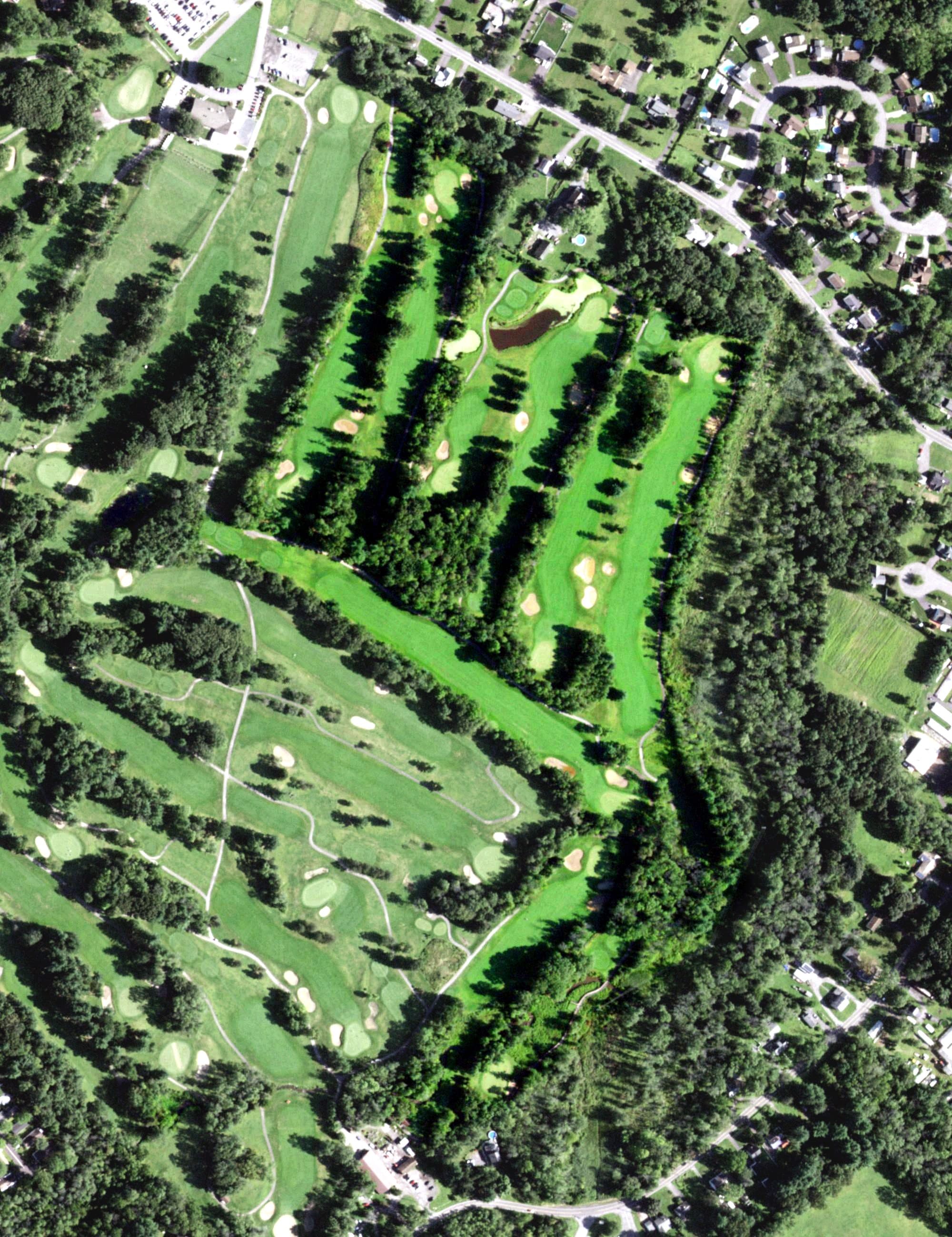 Aerial view of Town of Colonie Golf Course: Green Course, NY, with its hole routing marked