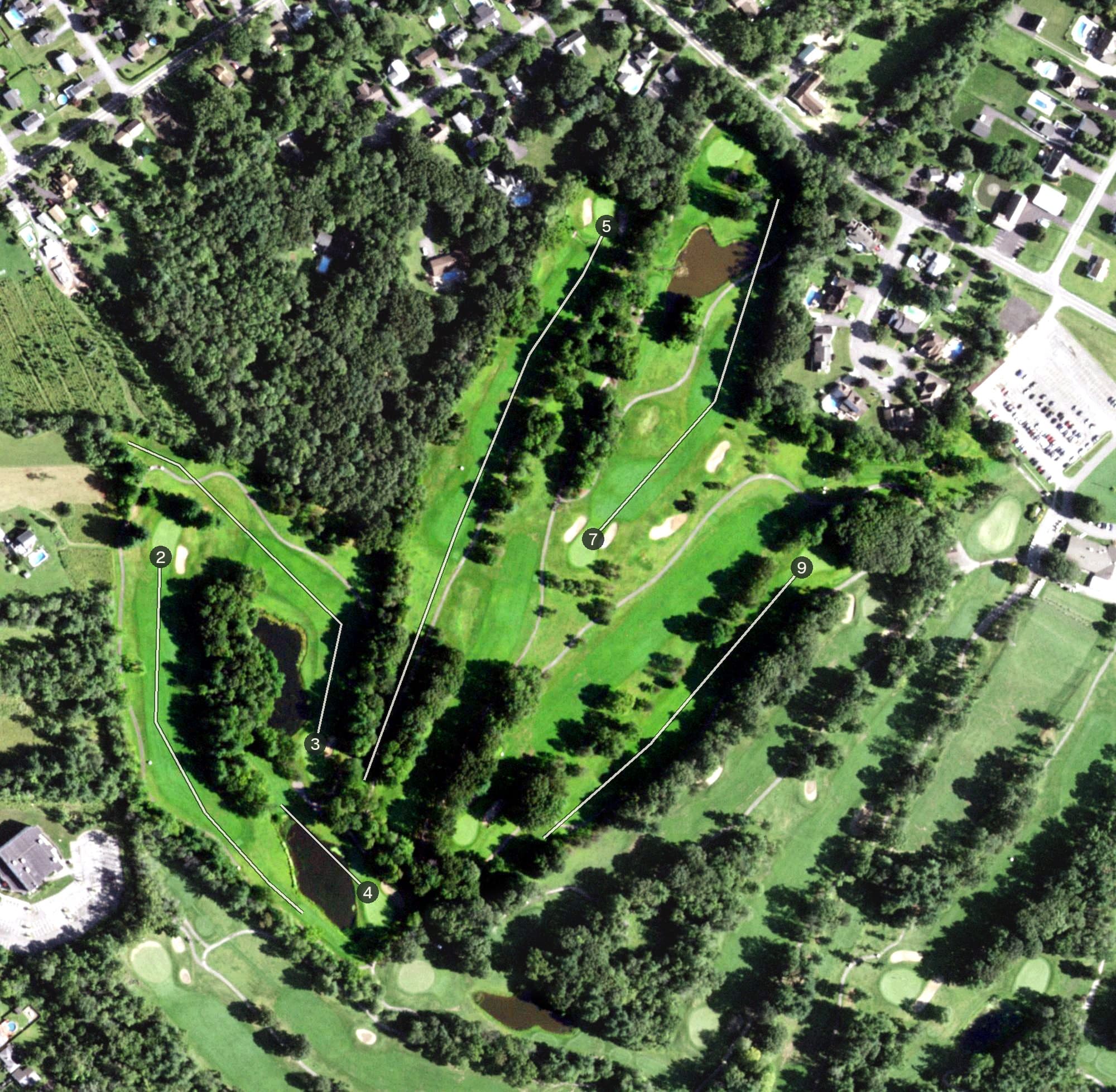 Aerial view of Town of Colonie Golf Course: Red Course, NY, with its hole routing marked