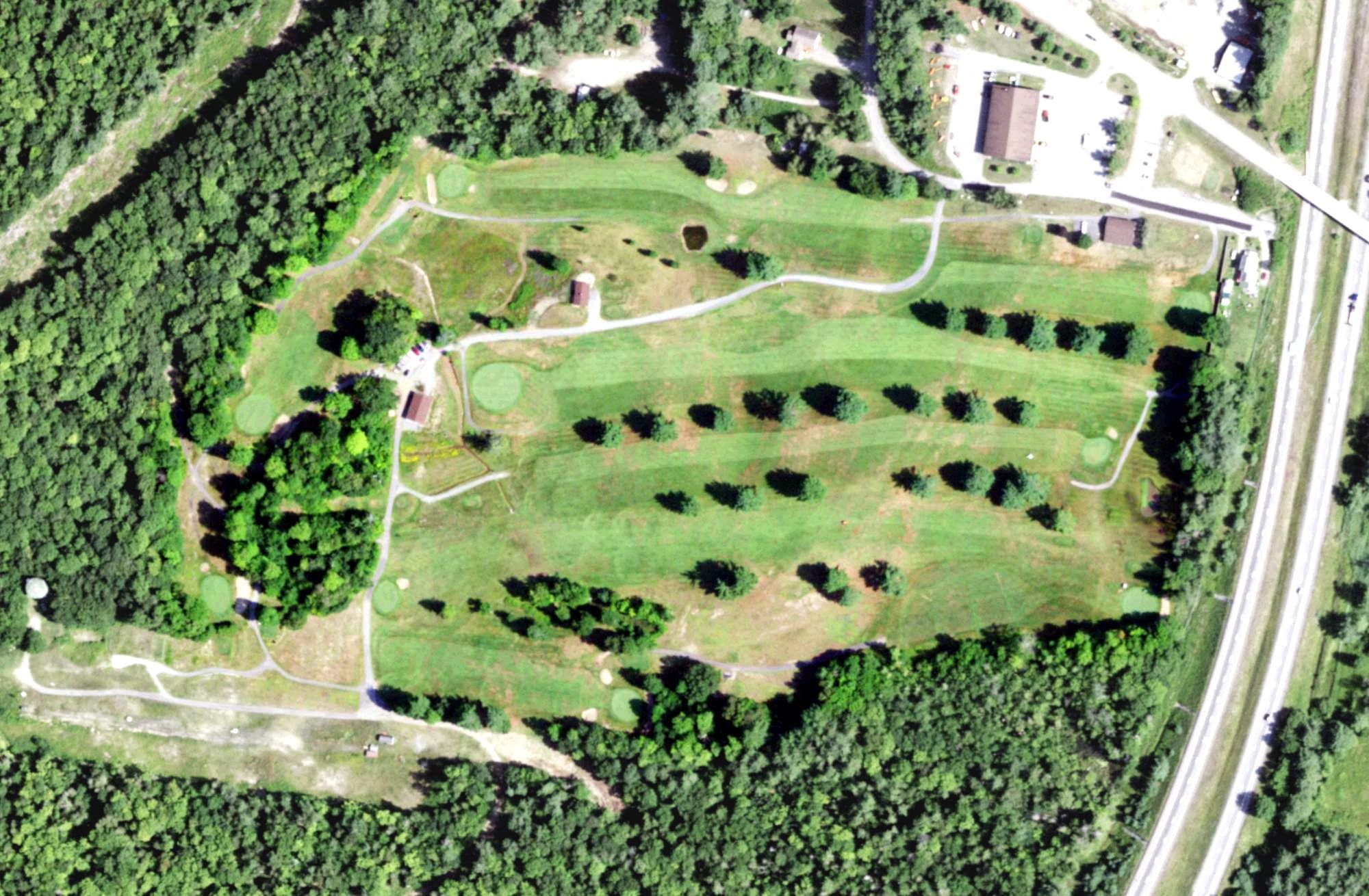 Aerial view of Town of Schroon Lake Golf Club, NY, with its hole routing marked