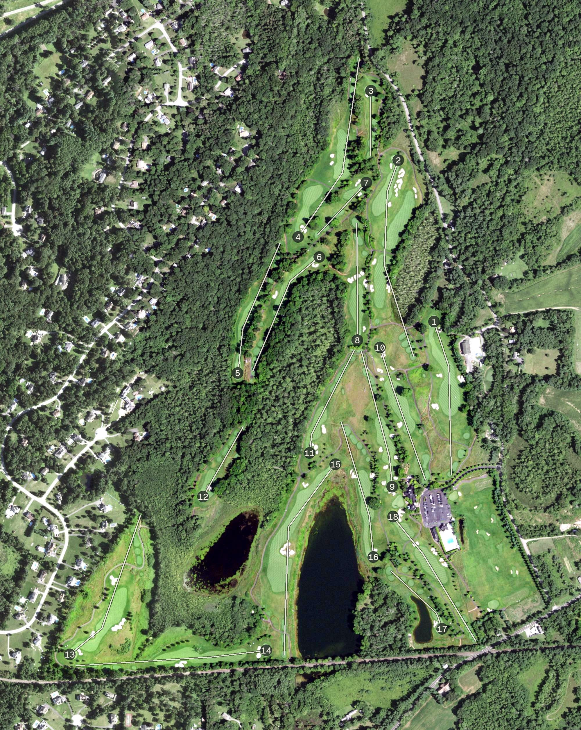 Aerial view of Trump National Golf Club Hudson Valley, NY, with its hole routing marked