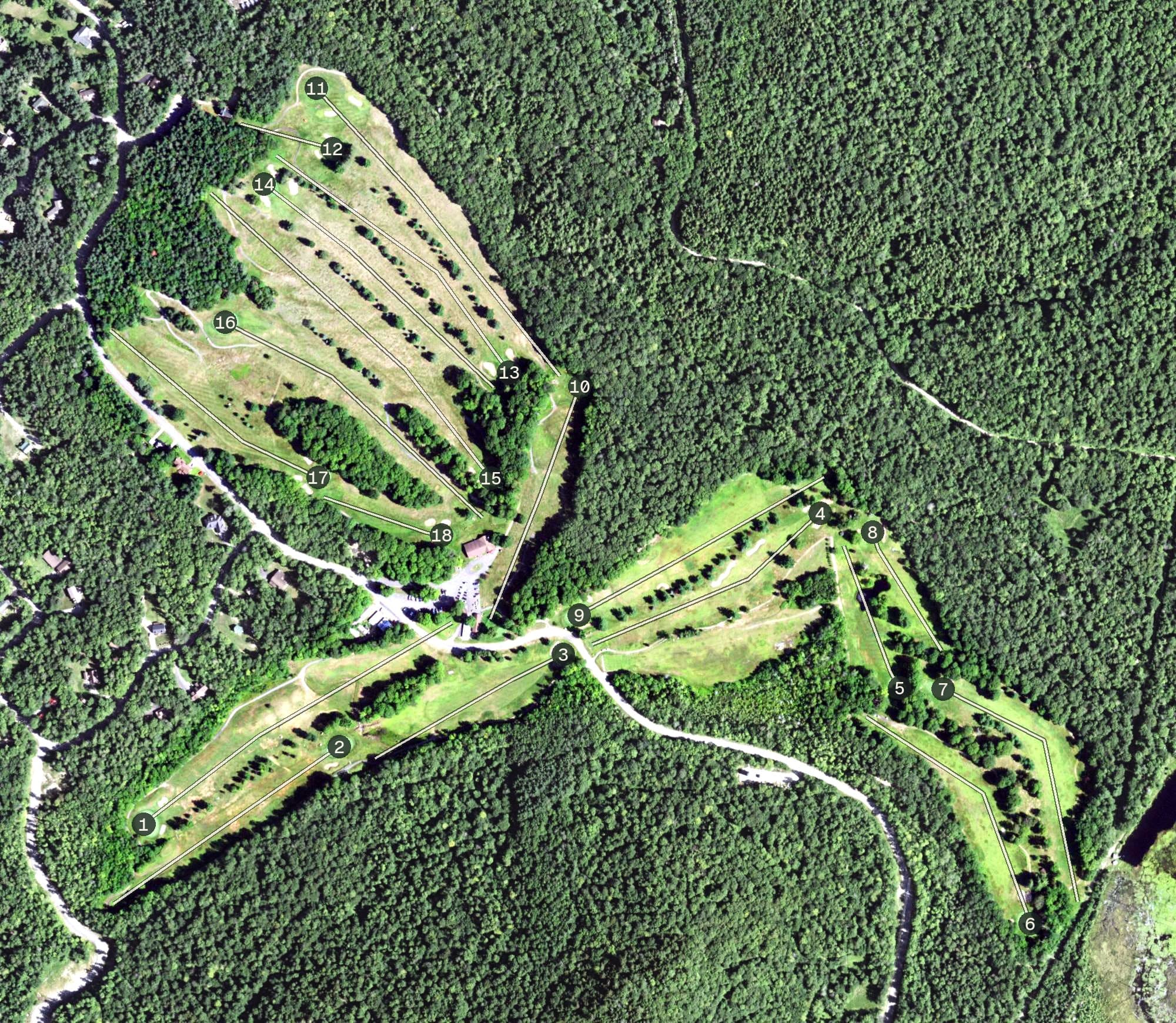 Aerial view of Tupper Lake Country Club, NY, with its hole routing marked
