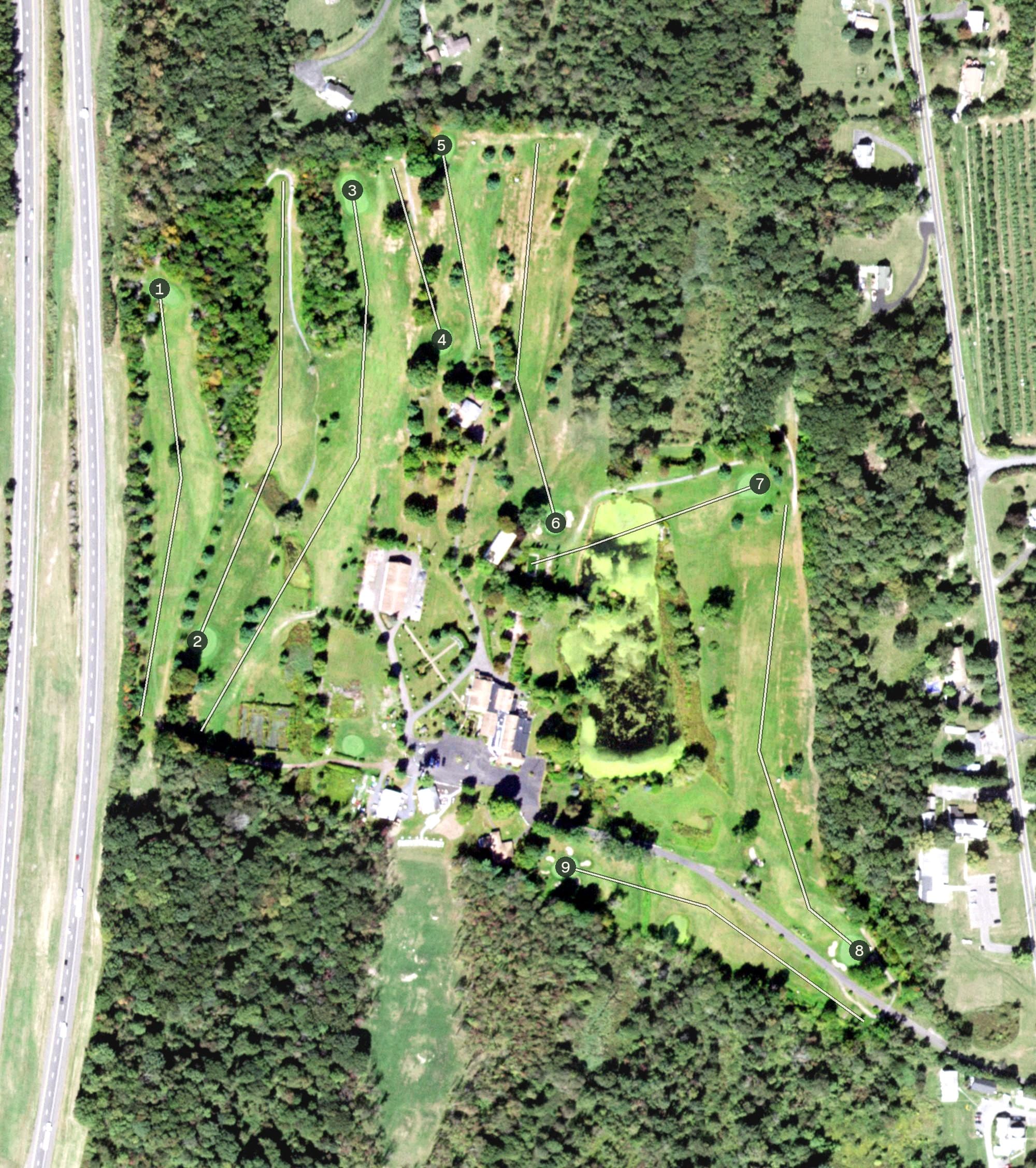 Aerial view of Turtle Creek Golf Course, NY, with its hole routing marked