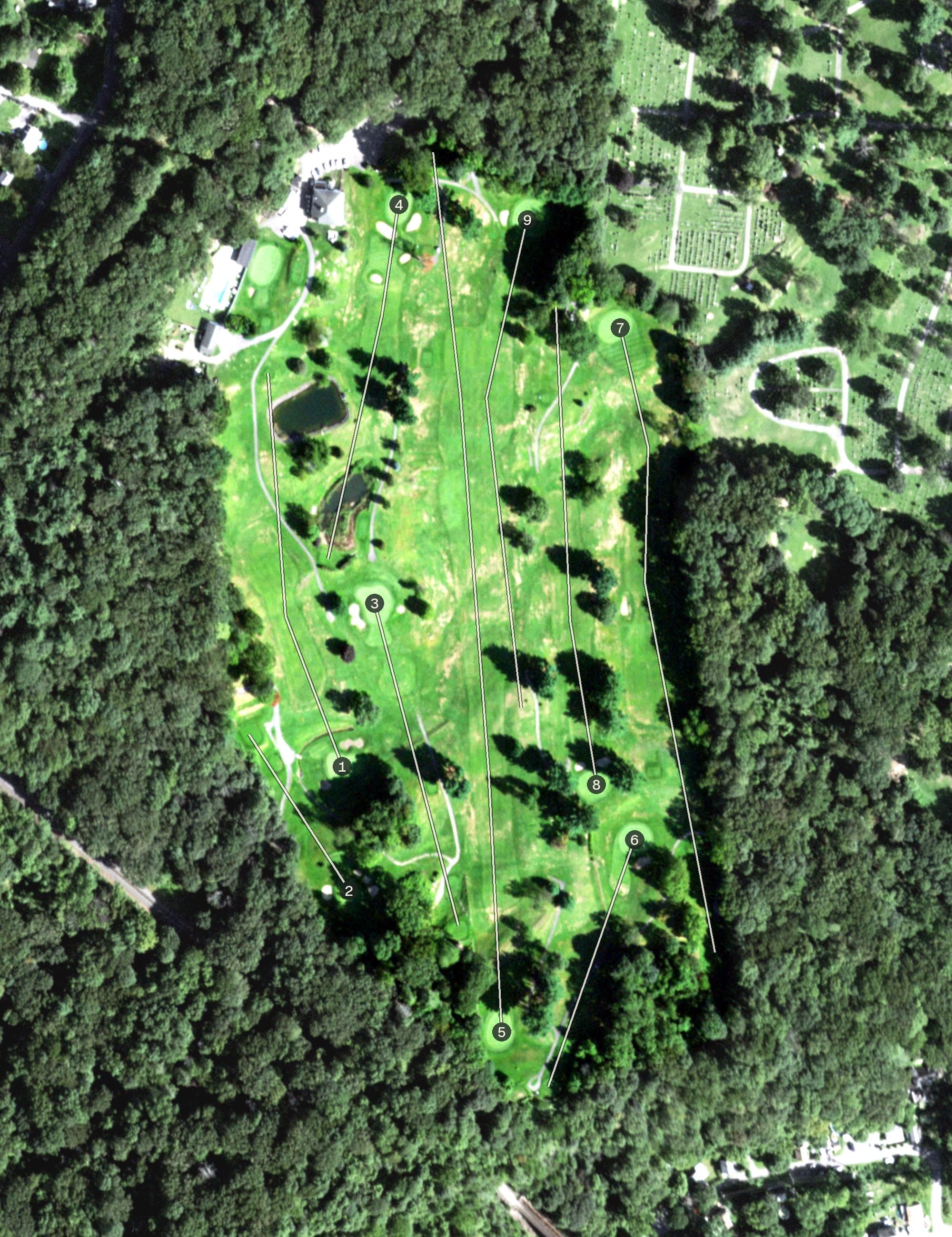 Aerial view of Twaalfskill Golf Club, NY, with its hole routing marked