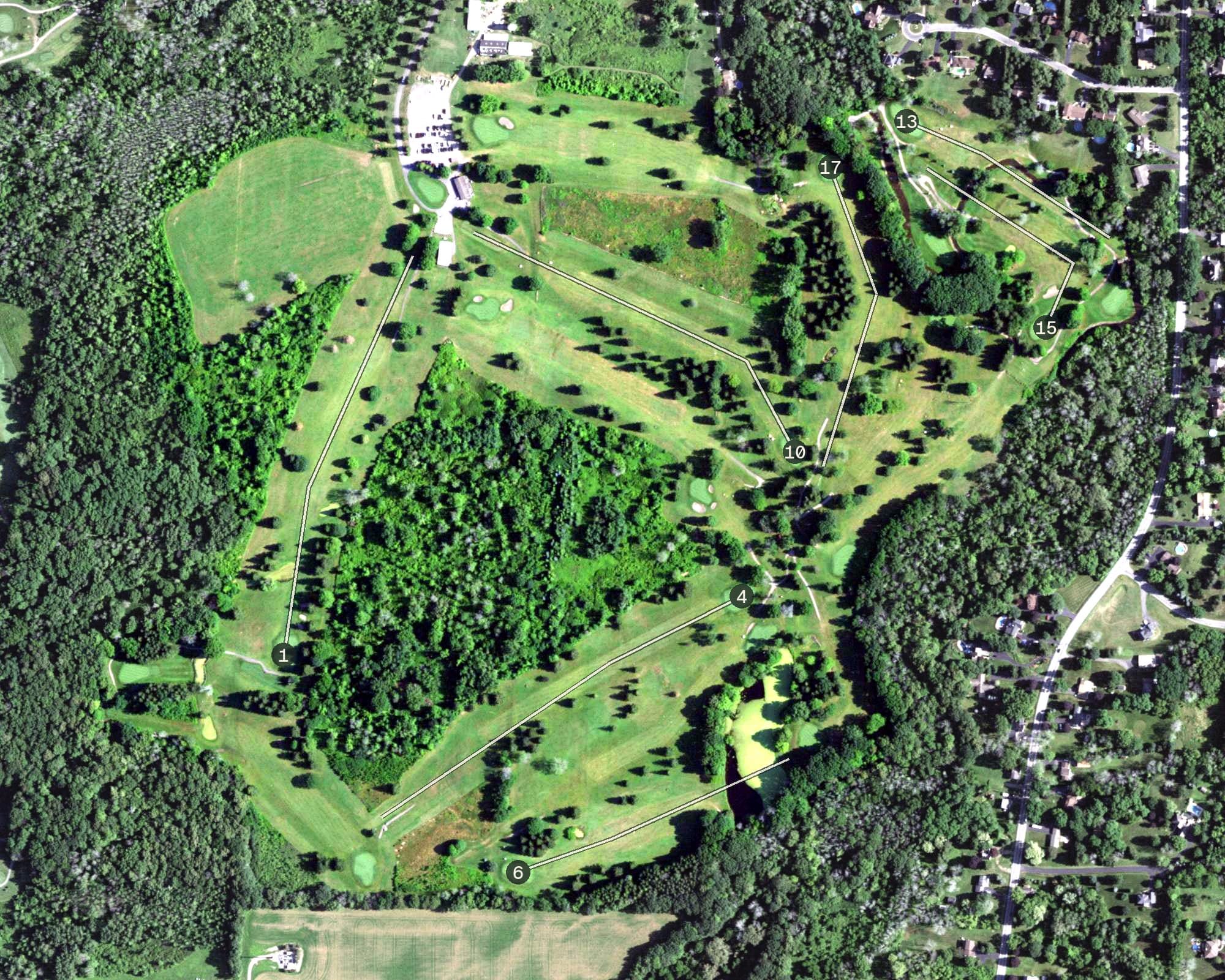 Aerial view of Twin Hills Golf Course, NY, with its hole routing marked