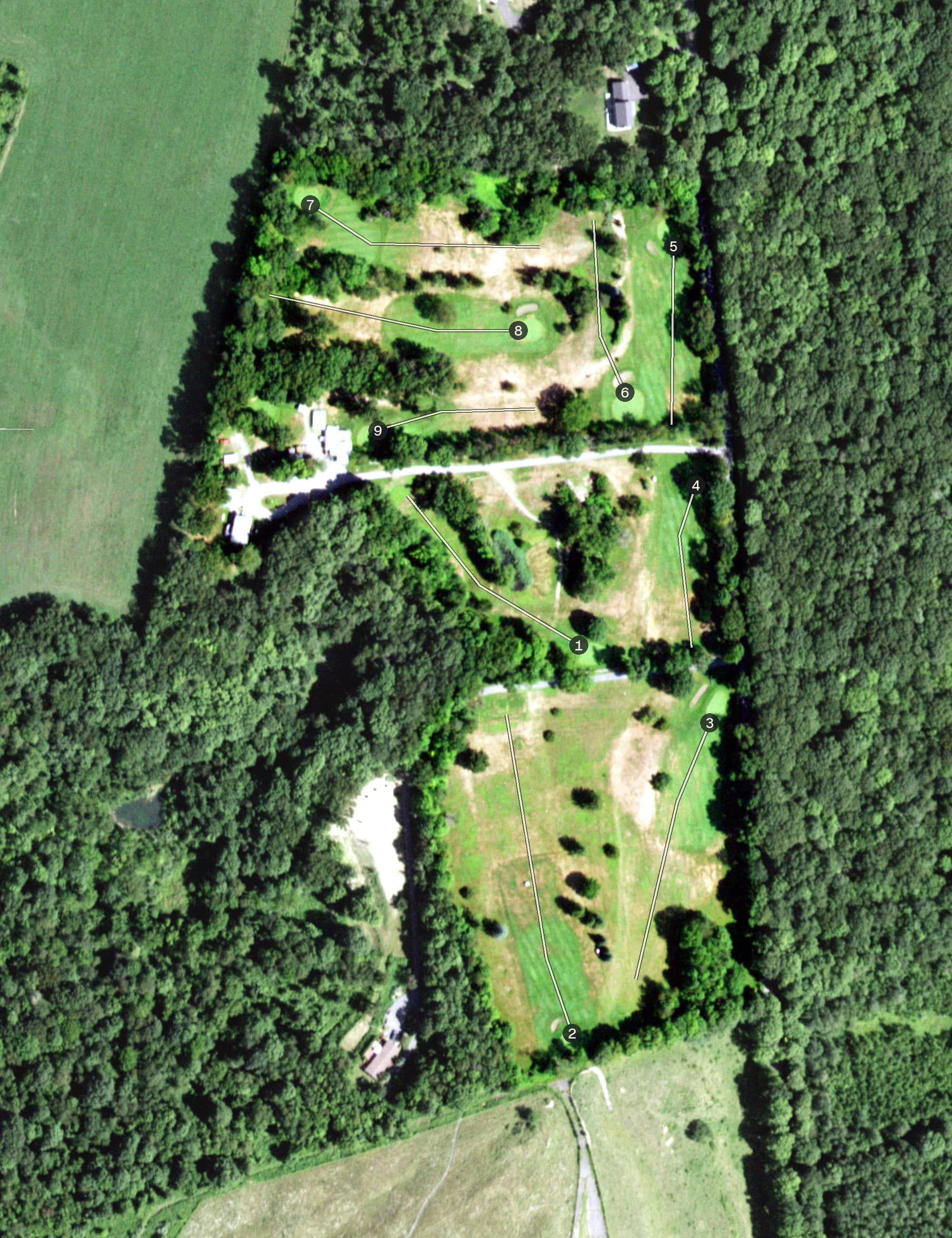 Aerial view of Undermountain Golf Course, NY, with its hole routing marked