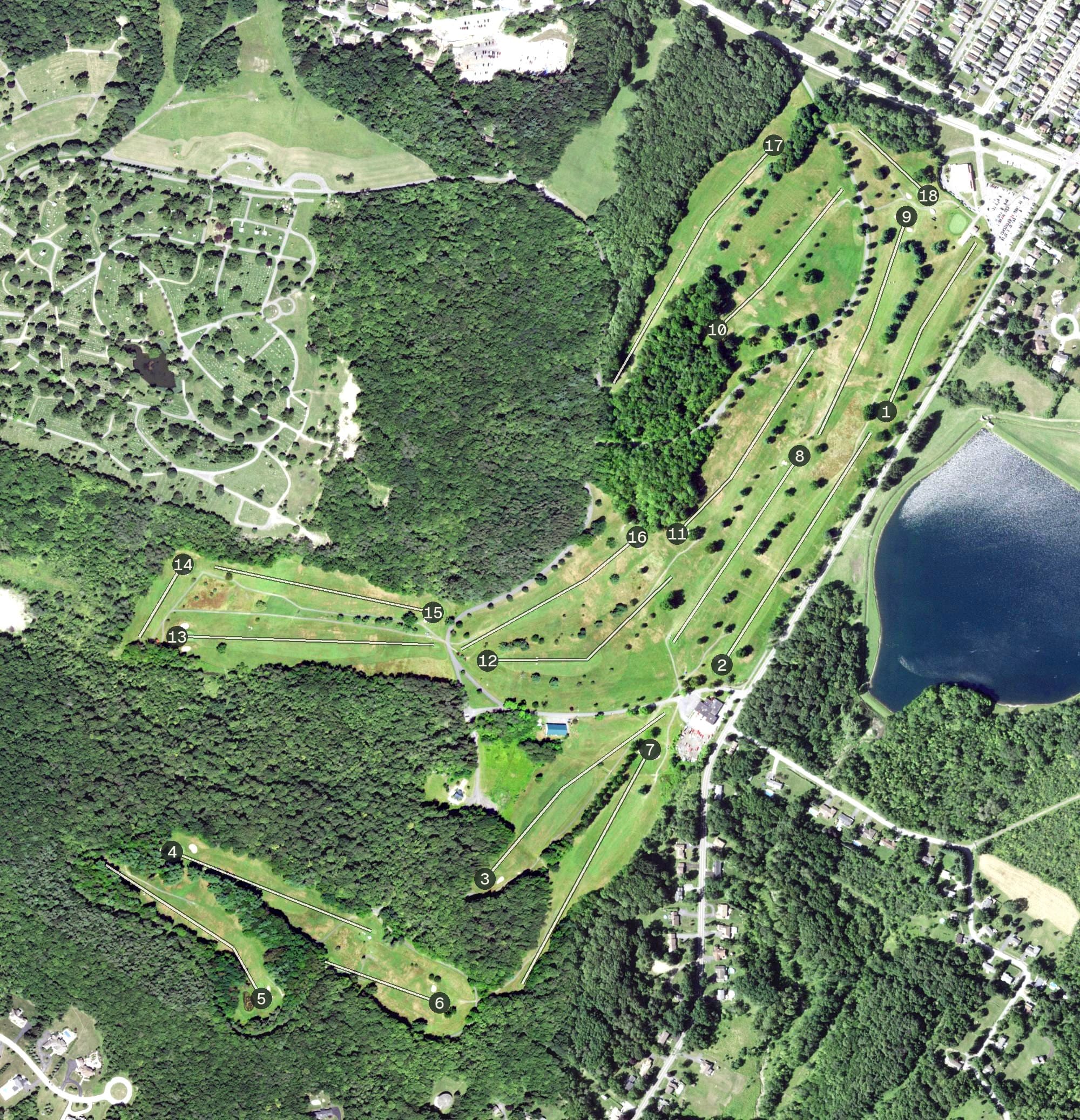 Aerial view of Valley View Golf Course;Valley View, NY, with its hole routing marked