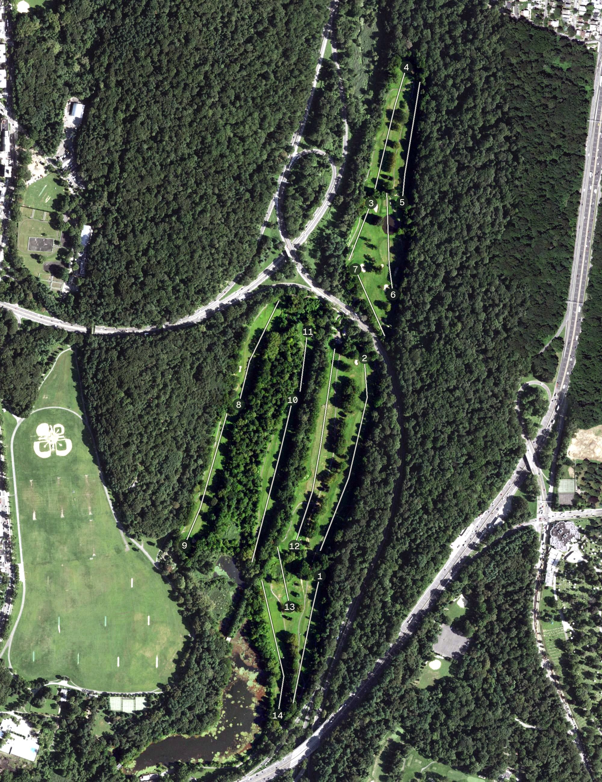 Aerial view of Van Cortlandt Golf Course, NY, with its hole routing marked