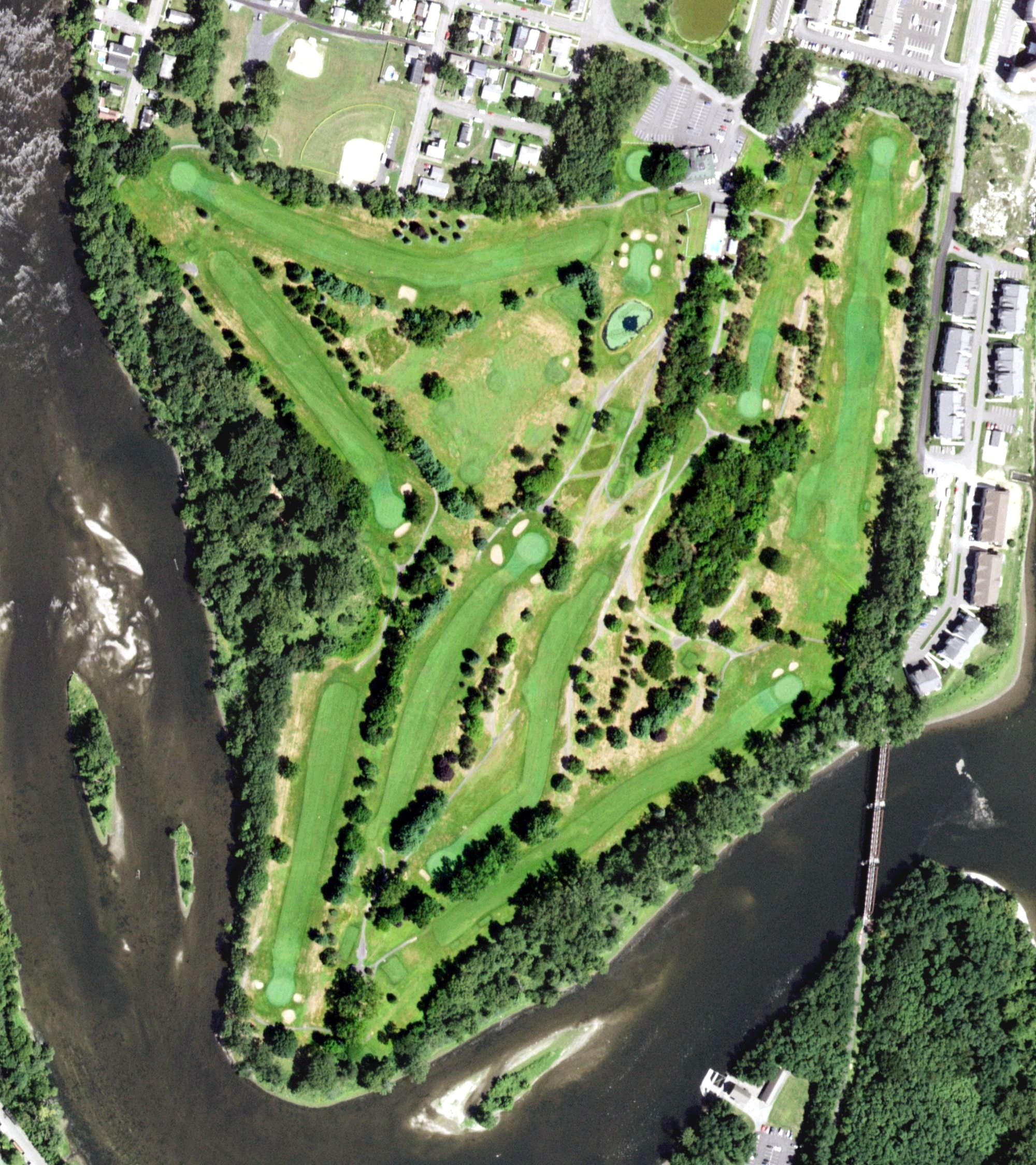 Aerial view of Van Schaick Island Country Club, NY, with its hole routing marked