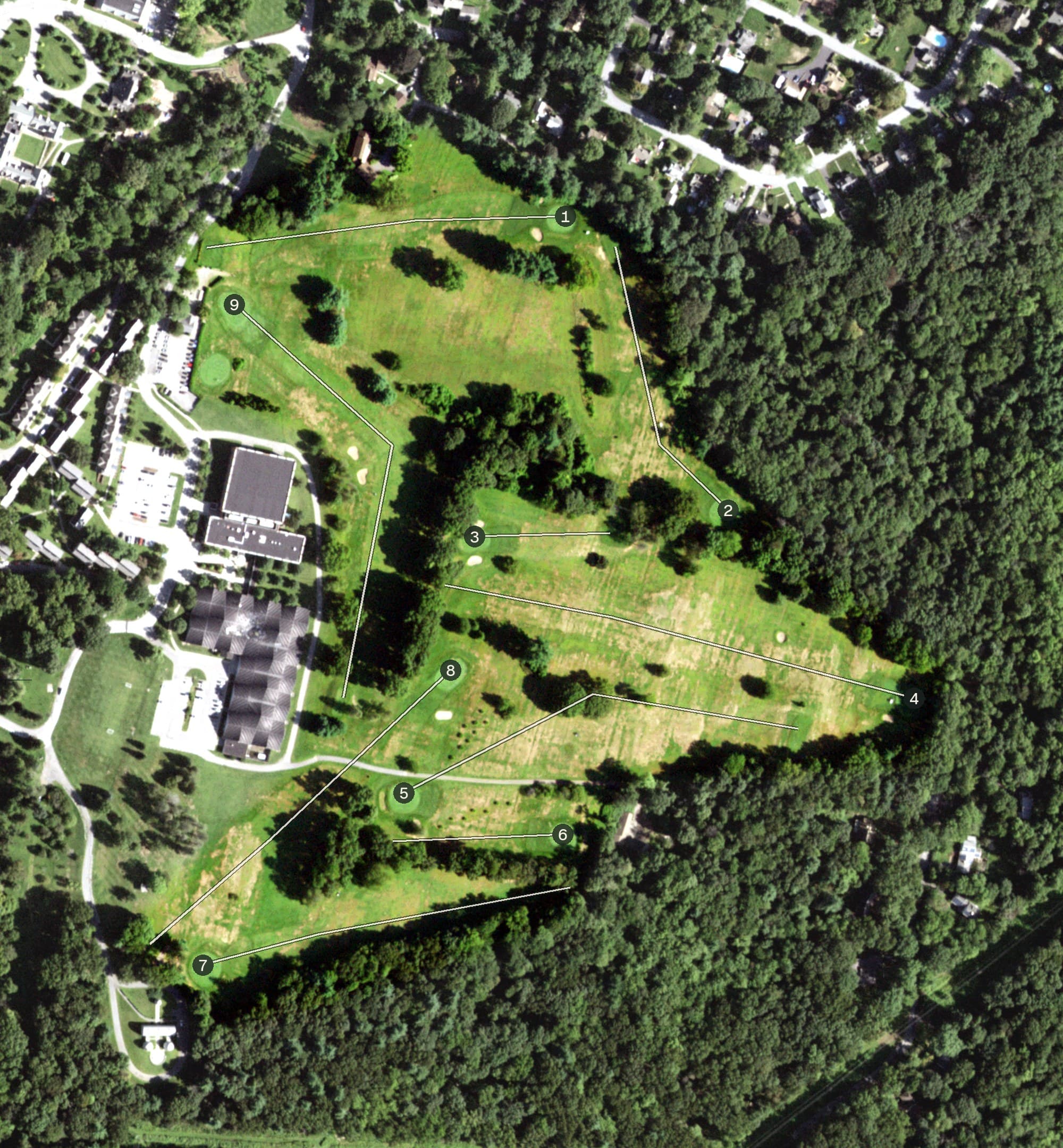 Aerial view of Vassar Golf Course, NY, with its hole routing marked